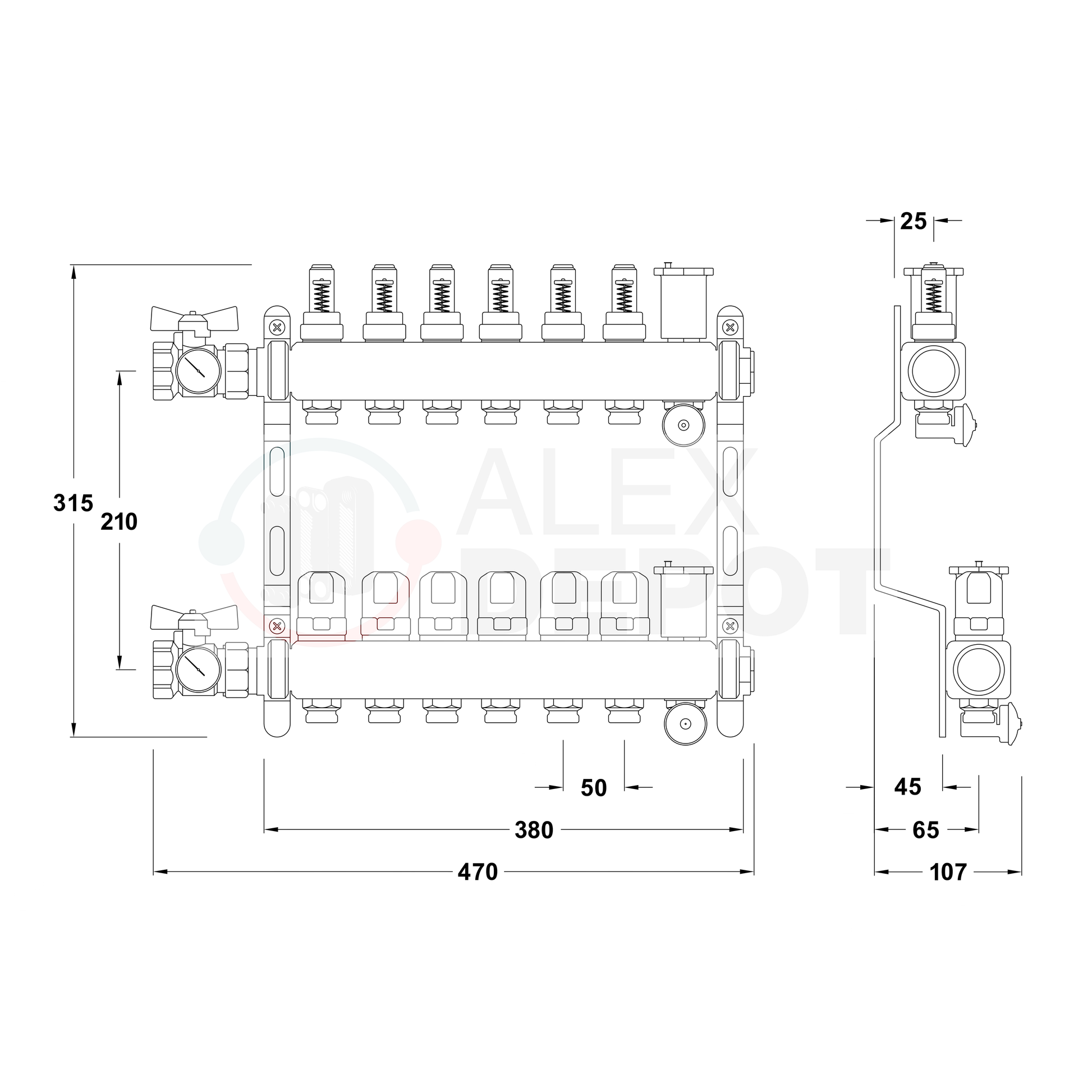 Technische Zeichnung eines Heizkreisverteilers mit 6 Heizkreisen zur Verteilung von Vorlauf- und Rücklaufleitungen in einer Flächenheizung