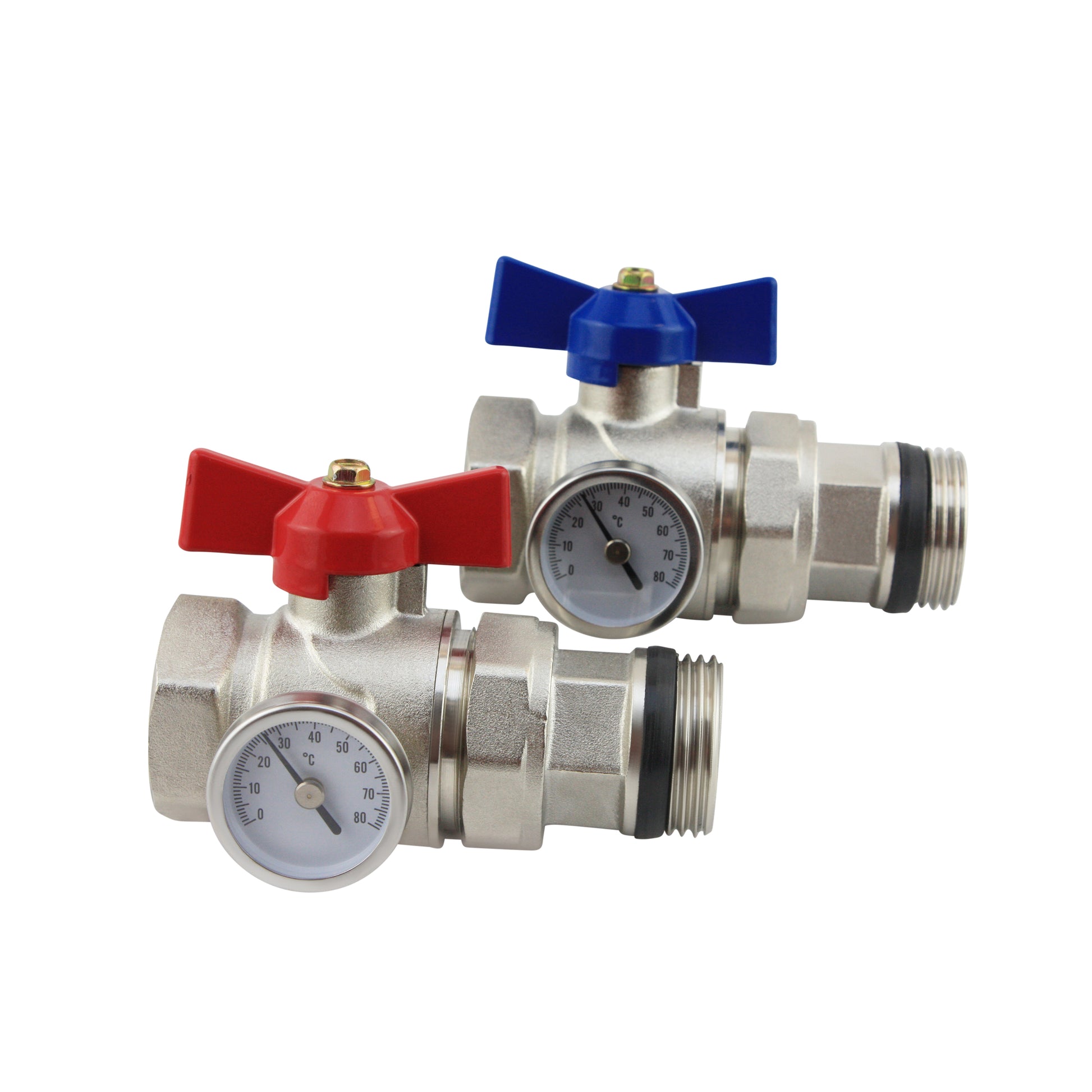 Heizkreisverteiler mit Kugelhähnen und integrierten Temperaturanzeigen