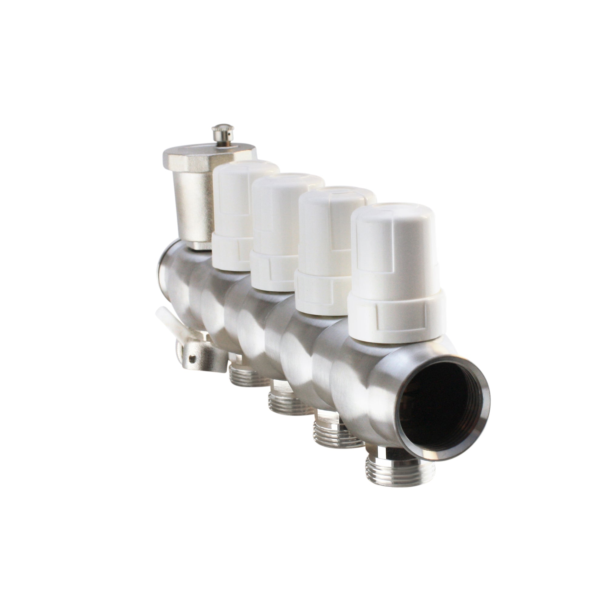 Rücklauf-Verteilerbalken eines Heizkreisverteilers aus Edelstahl