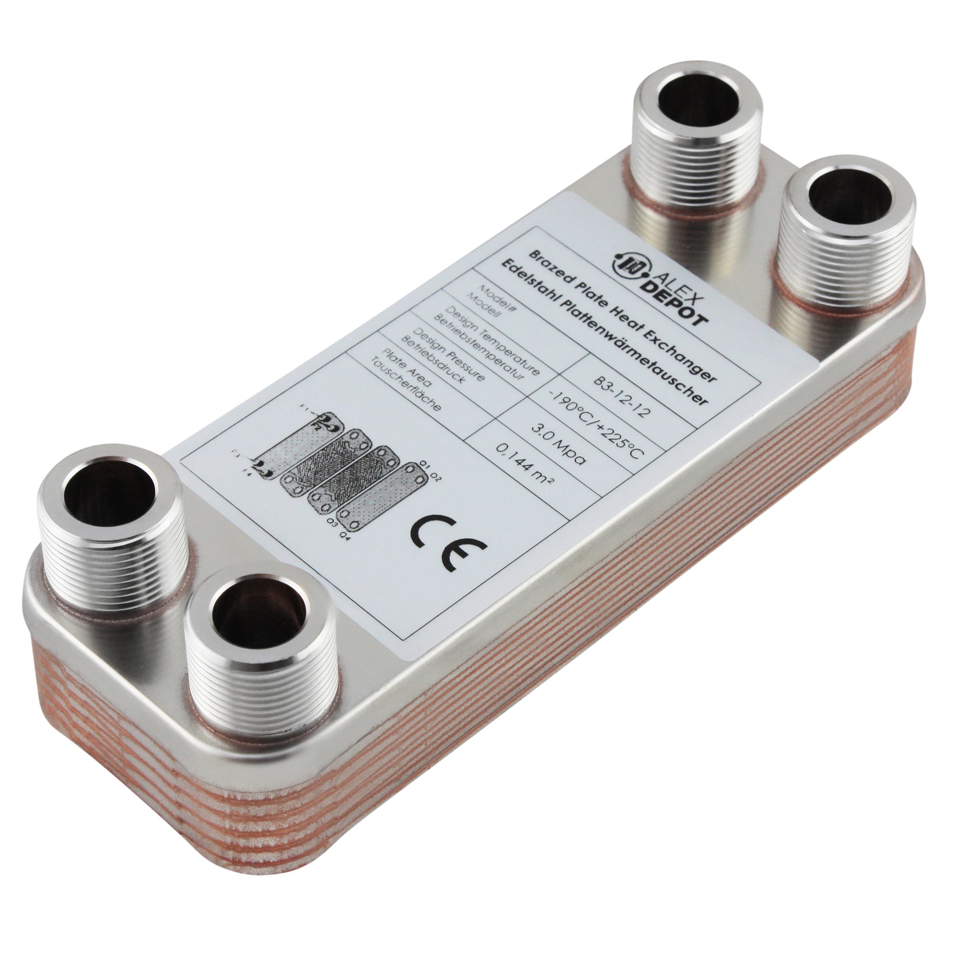 Edelstahl Plattenwärmetauscher B3-12-12 mit 4x ¾ Zoll Anschlüssen, 25 kW Leistung – ideal für Heizung und Solar