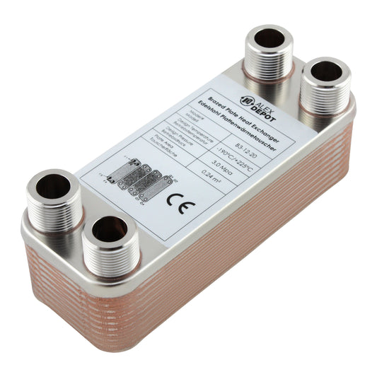 Edelstahl Plattenwärmetauscher B3-12-20 mit 4x ¾ Zoll Anschlüssen, 45 kW Leistung – ideal für Heizung und Solar