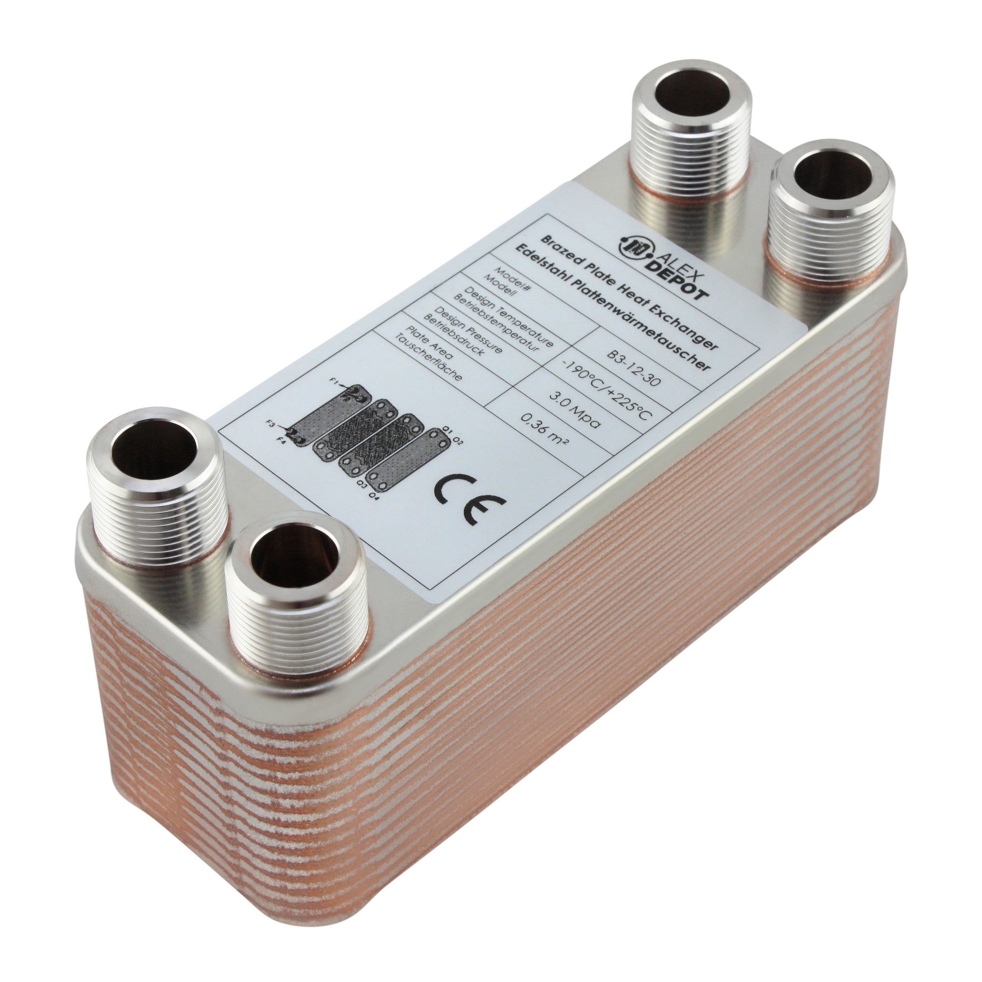 Edelstahl Plattenwärmetauscher B3-12-30 mit 4x ¾ Zoll Anschlüssen, 65 kW Leistung – ideal für Heizung und Solar