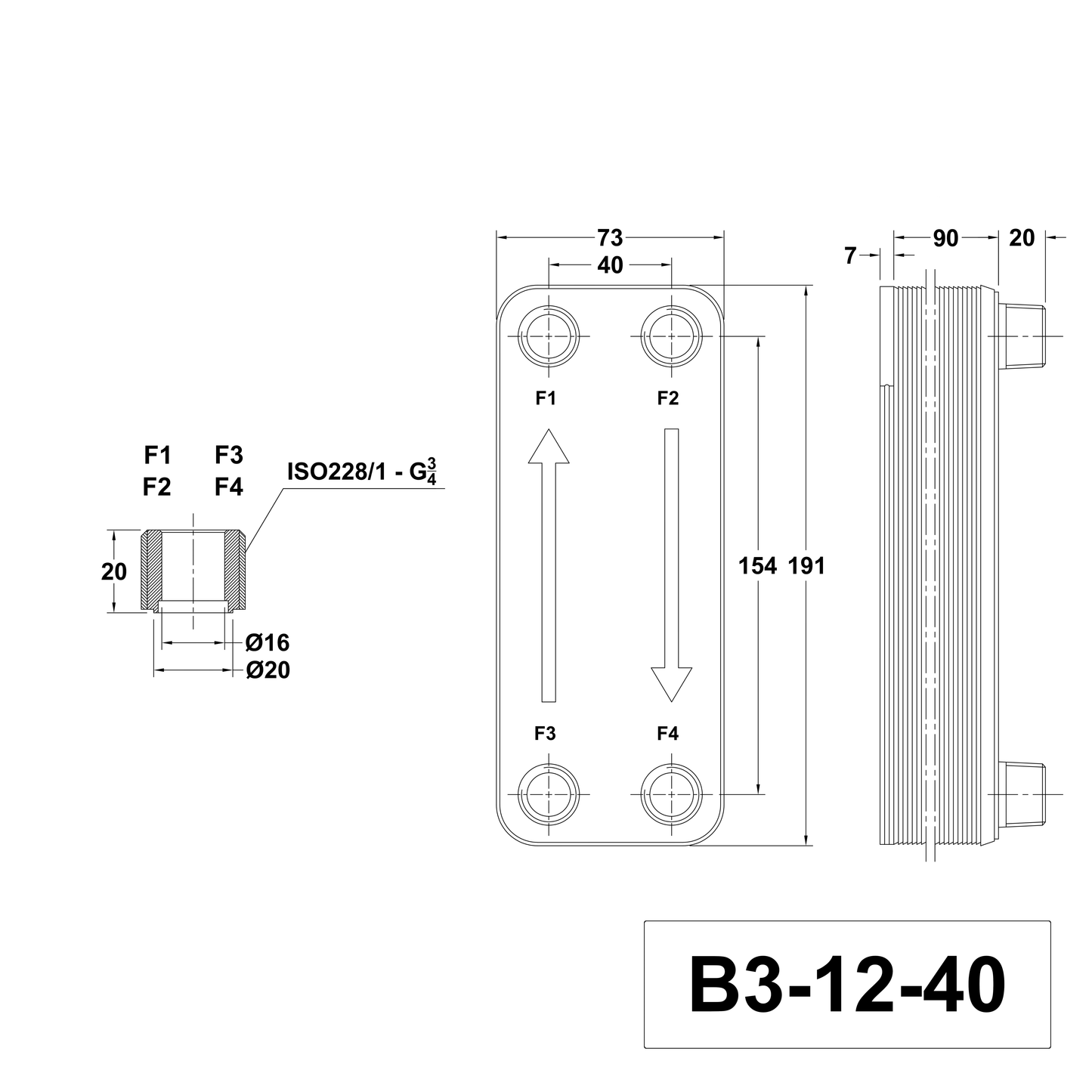 Technische Zeichnung des Plattenwärmetauschers B3-12-40 mit 4x 3/4 Zoll Anschlüssen aus Edelstahl von alex-depot
