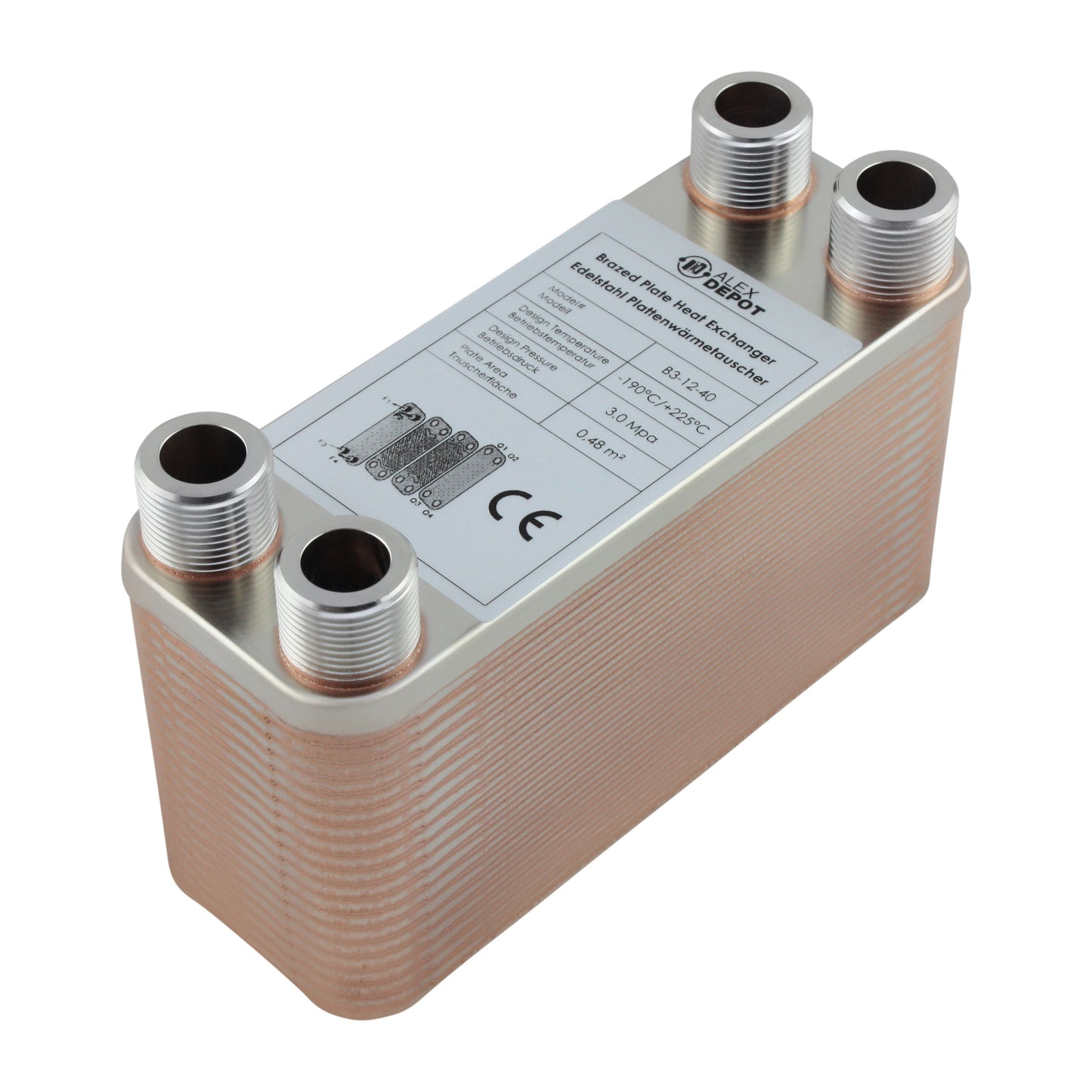 Edelstahl Plattenwärmetauscher B3-12-40 mit 4x ¾ Zoll Anschlüssen, 80 kW Leistung – ideal für Heizung und Solar