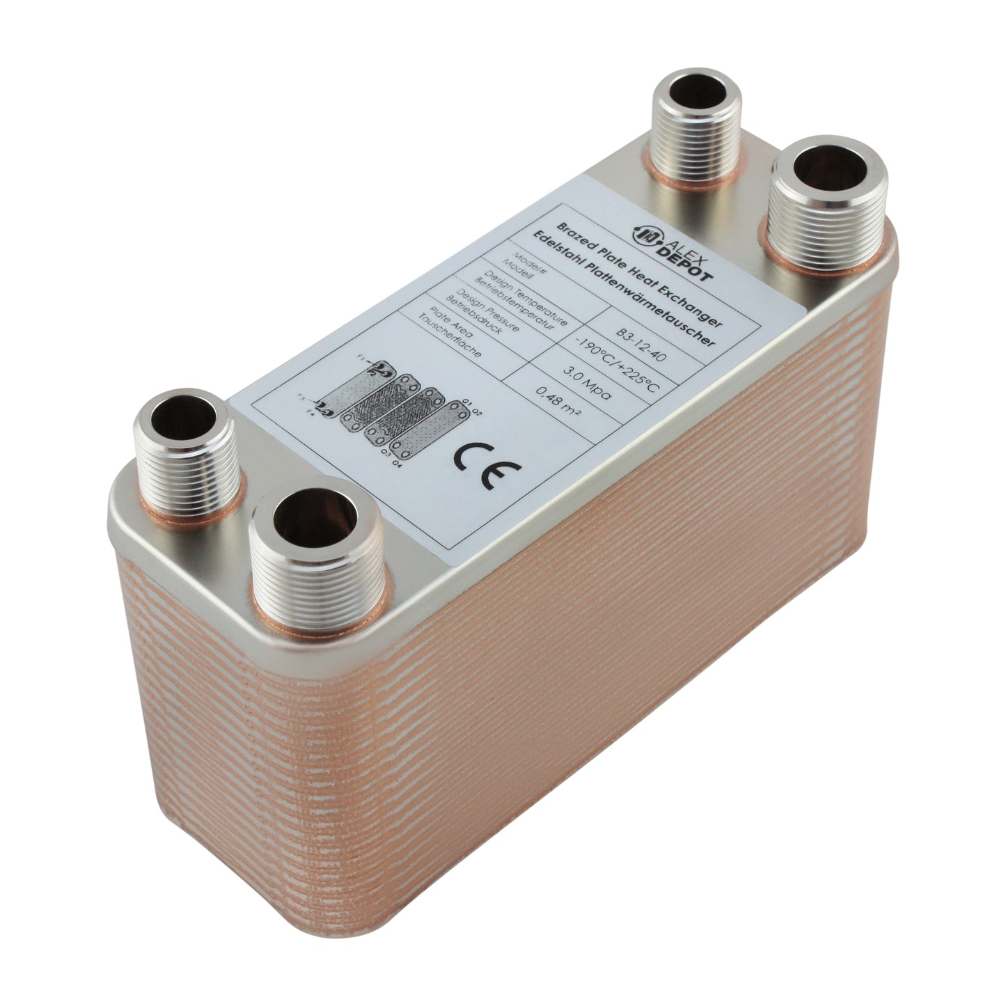 Edelstahl Plattenwärmetauscher B3-12-40 mit 2x ½-Zoll und 2x ¾ Zoll Anschlüssen, 80 kW Leistung – ideal für Heizung und Solar