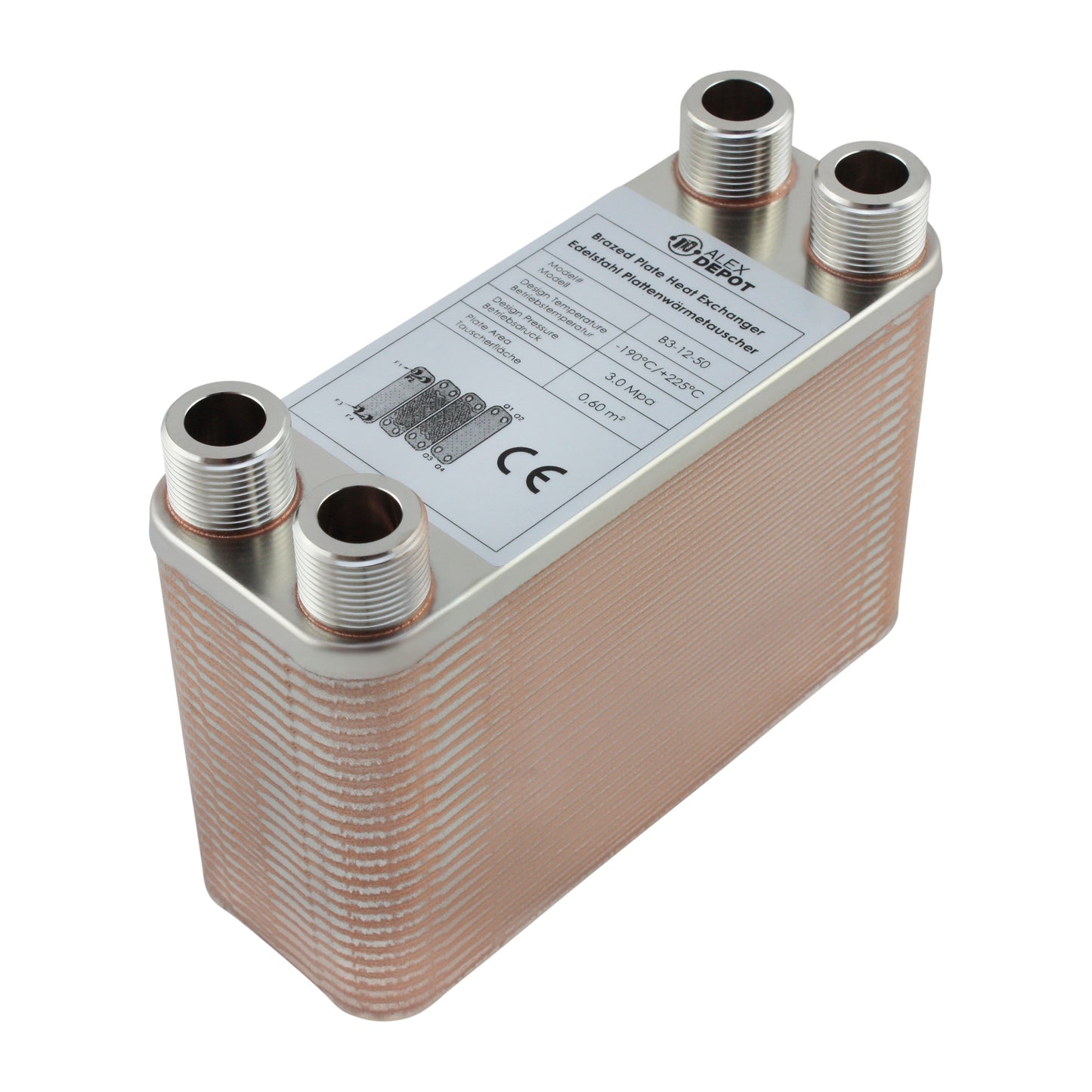 Edelstahl Plattenwärmetauscher B3-12-50 mit 4x ¾ Zoll Anschlüssen, 90 kW Leistung – ideal für Heizung und Solar