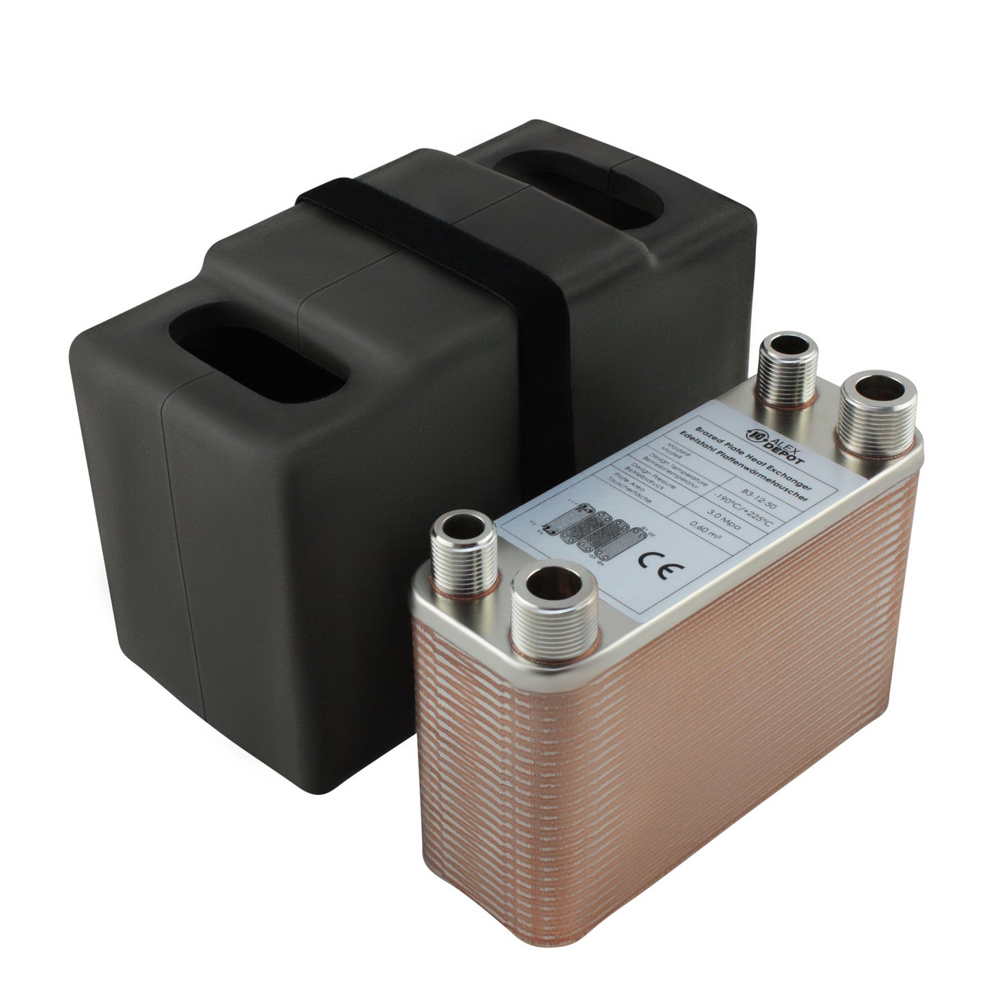 Edelstahl Plattenwärmetauscher B3-12-50 mit 2x ½-Zoll und 2x ¾ Zoll Anschlüssen, 90 kW Leistung, mit PUR-Hartschaum Isolierschale – ideal für Heizung und Solar