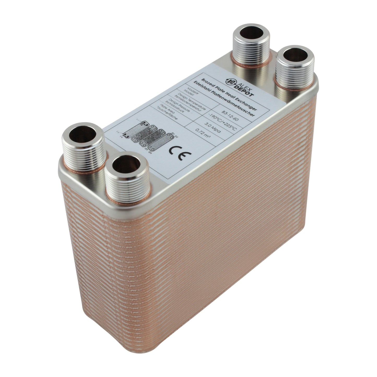 Edelstahl Plattenwärmetauscher B3-12-60 mit 4x ¾ Zoll Anschlüssen, 130 kW Leistung – ideal für Heizung und Solar