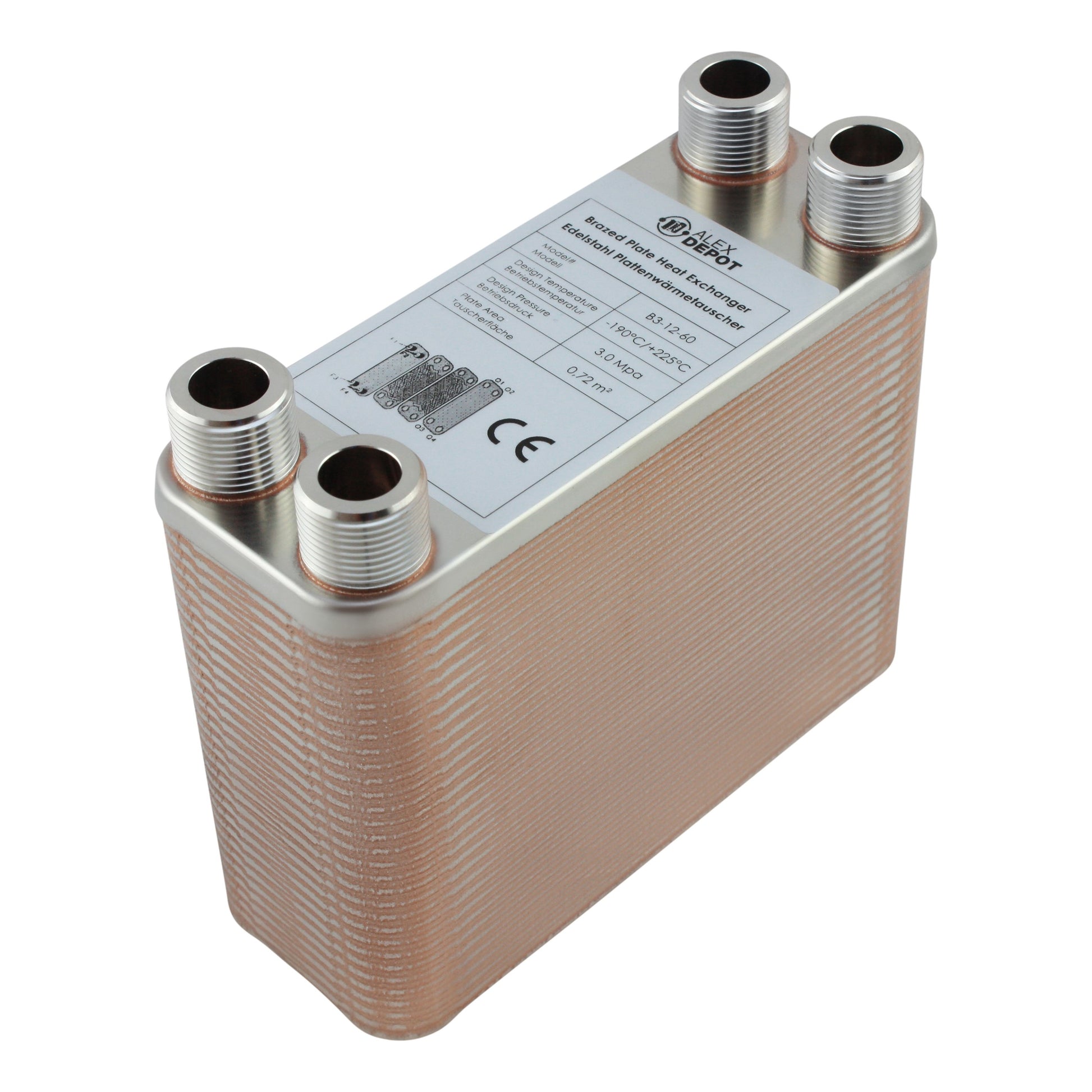 Edelstahl Plattenwärmetauscher B3-12-60 mit 4x ¾ Zoll Anschlüssen, 130 kW Leistung – ideal für Heizung und Solar