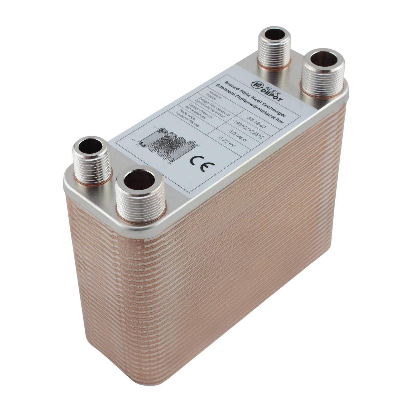 Edelstahl Plattenwärmetauscher B3-12-60 mit 2x ½-Zoll und 2x ¾ Zoll Anschlüssen, 130 kW Leistung – ideal für Heizung und Solar