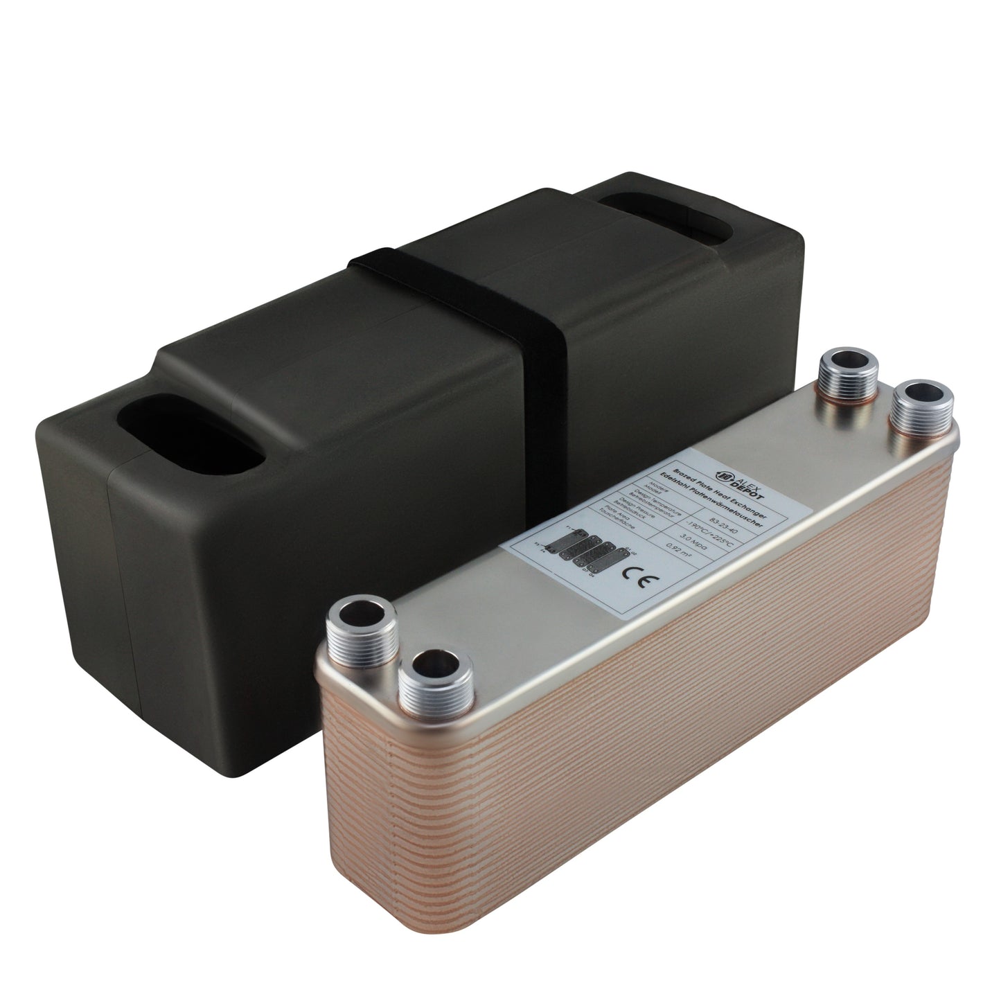 Edelstahl Plattenwärmetauscher B3-23-40 mit 4x ¾ Zoll Anschlüssen, 180 kW Leistung, mit PUR-Hartschaum Isolierschale – ideal für Heizung und Solar