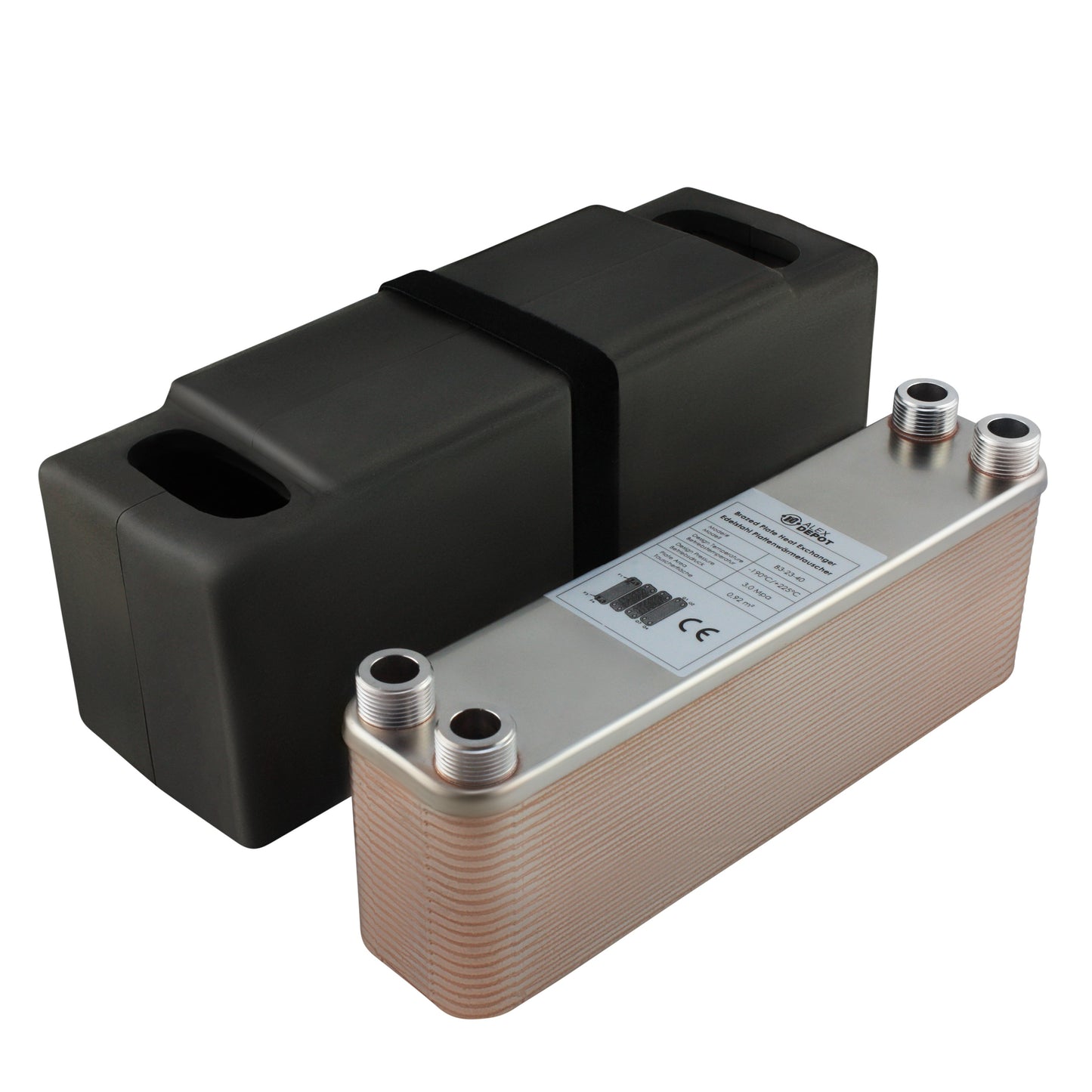 Edelstahl Plattenwärmetauscher B3-23-40 mit 4x ¾ Zoll Anschlüssen, 180 kW Leistung, mit PUR-Hartschaum Isolierschale – ideal für Heizung und Solar