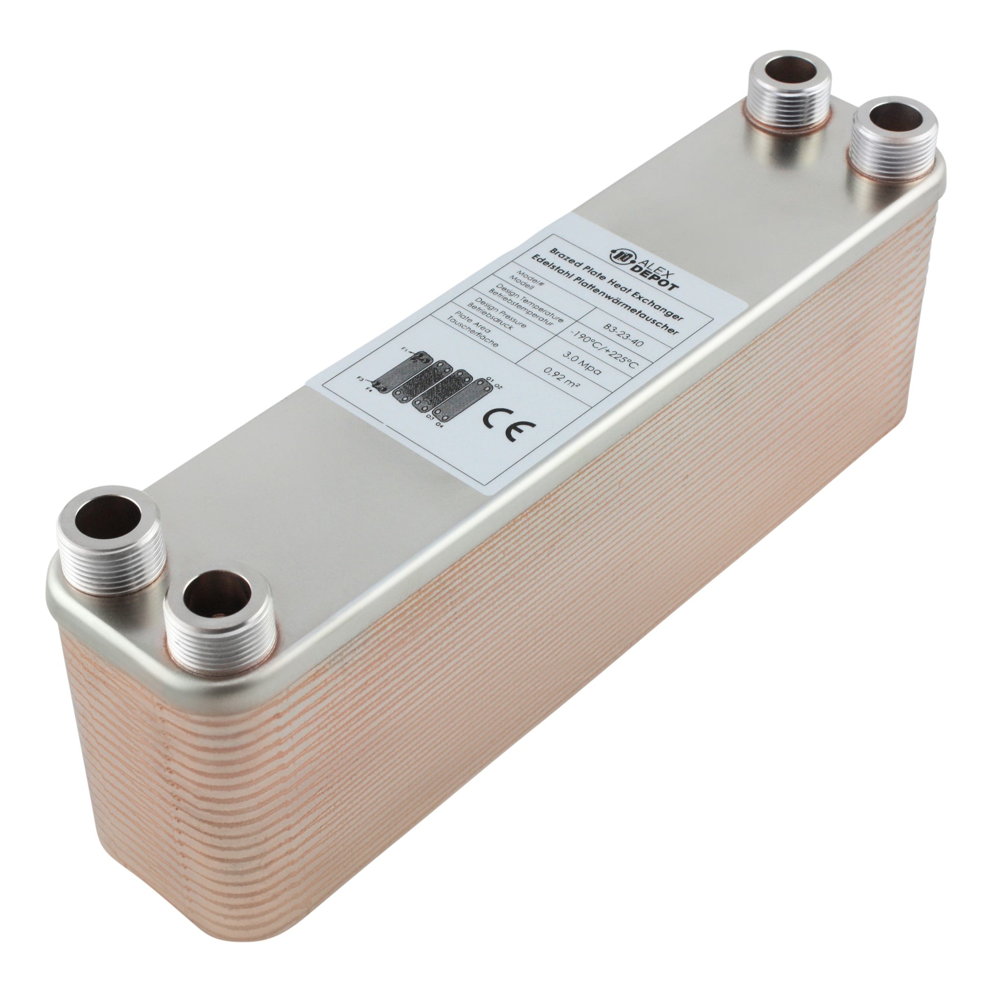 Edelstahl Plattenwärmetauscher B3-23-40 mit 4x ¾ Zoll Anschlüssen, 180 kW Leistung – ideal für Heizung und Solar