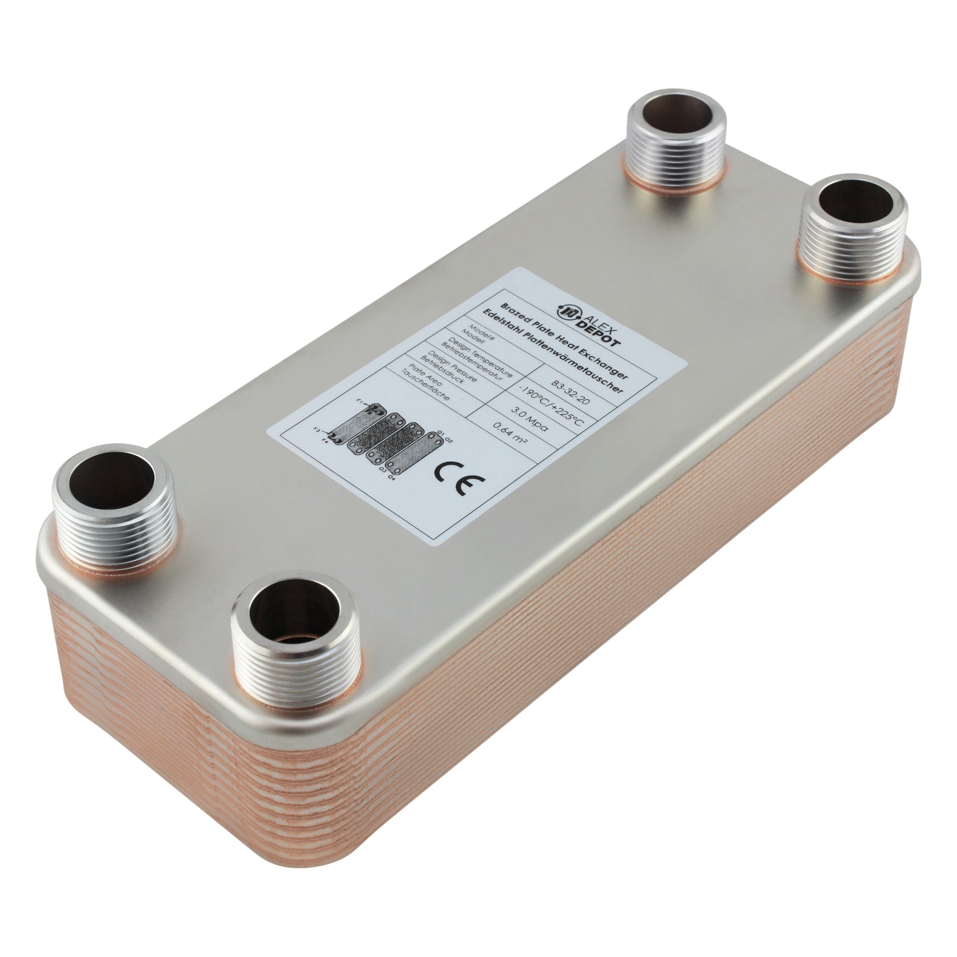 Edelstahl Plattenwärmetauscher B3-32-20 mit 4x 1 Zoll Anschlüssen, 115 kW Leistung – ideal für Heizung und Solar