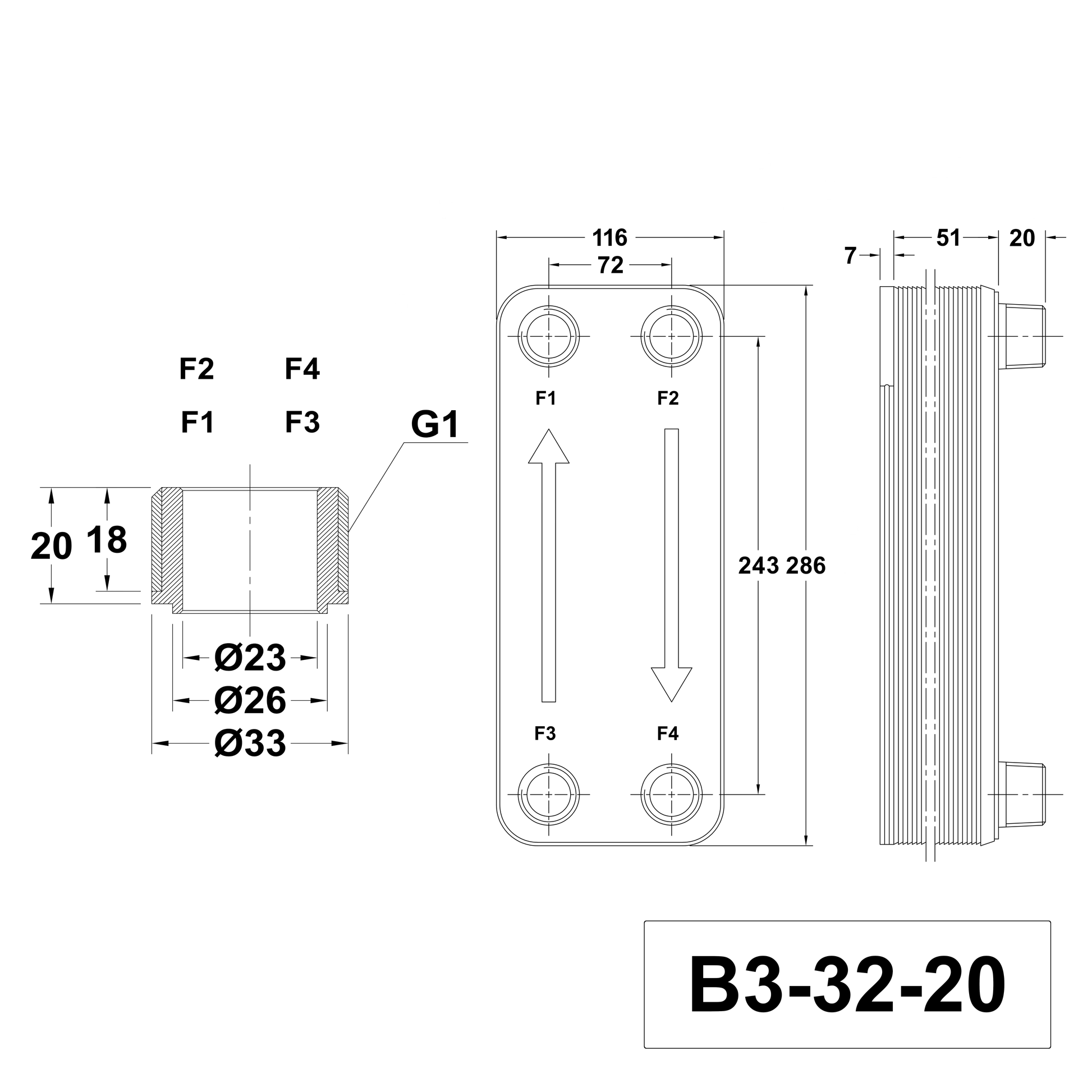 Technische Zeichnung des Plattenwärmetauschers B3-32-20 mit 4x 1 Zoll Anschlüssen aus Edelstahl von alex-depot
