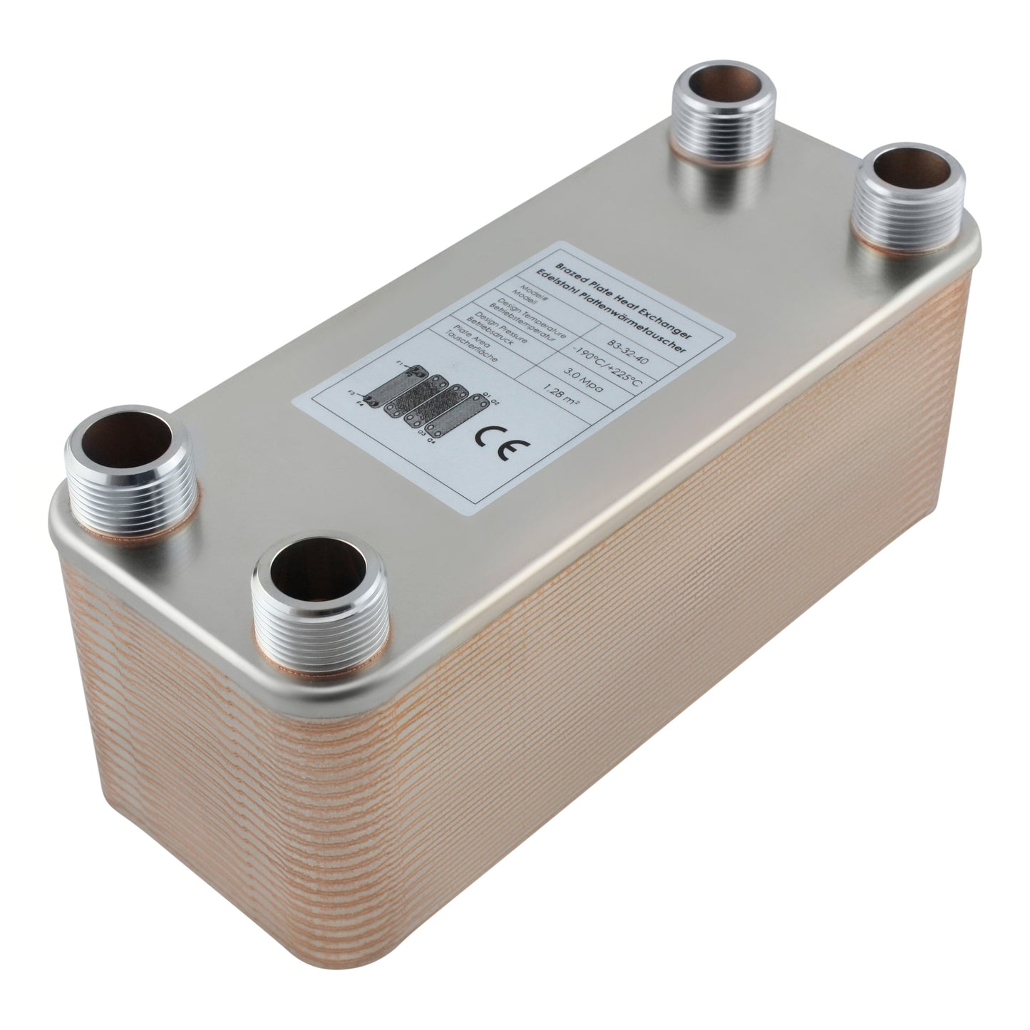 Edelstahl Plattenwärmetauscher B3-32-40 mit 4x 1 Zoll Anschlüssen, 230 kW Leistung – ideal für Heizung und Solar