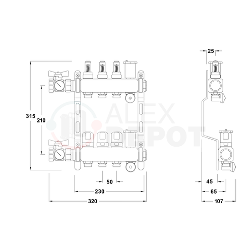Technische Zeichnung eines Heizkreisverteilers mit 3 Heizkreisen zur Verteilung von Vorlauf- und Rücklaufleitungen in einer Flächenheizung