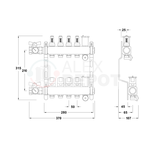 Technische Zeichnung eines Heizkreisverteilers mit 4 Heizkreisen zur Verteilung von Vorlauf- und Rücklaufleitungen in einer Flächenheizung