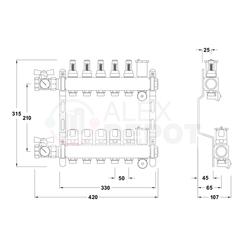 Technische Zeichnung eines Heizkreisverteilers mit 5 Heizkreisen zur Verteilung von Vorlauf- und Rücklaufleitungen in einer Flächenheizung