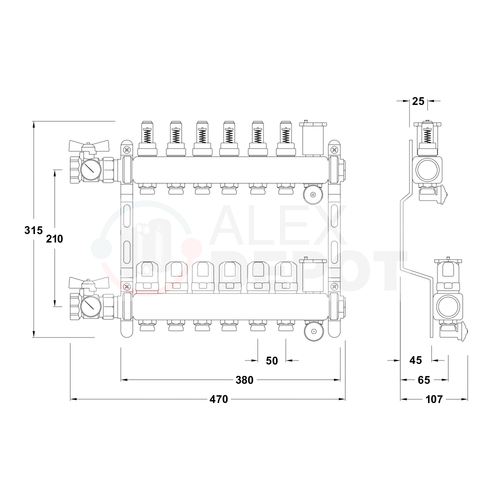 Technische Zeichnung eines Heizkreisverteilers mit 6 Heizkreisen zur Verteilung von Vorlauf- und Rücklaufleitungen in einer Flächenheizung