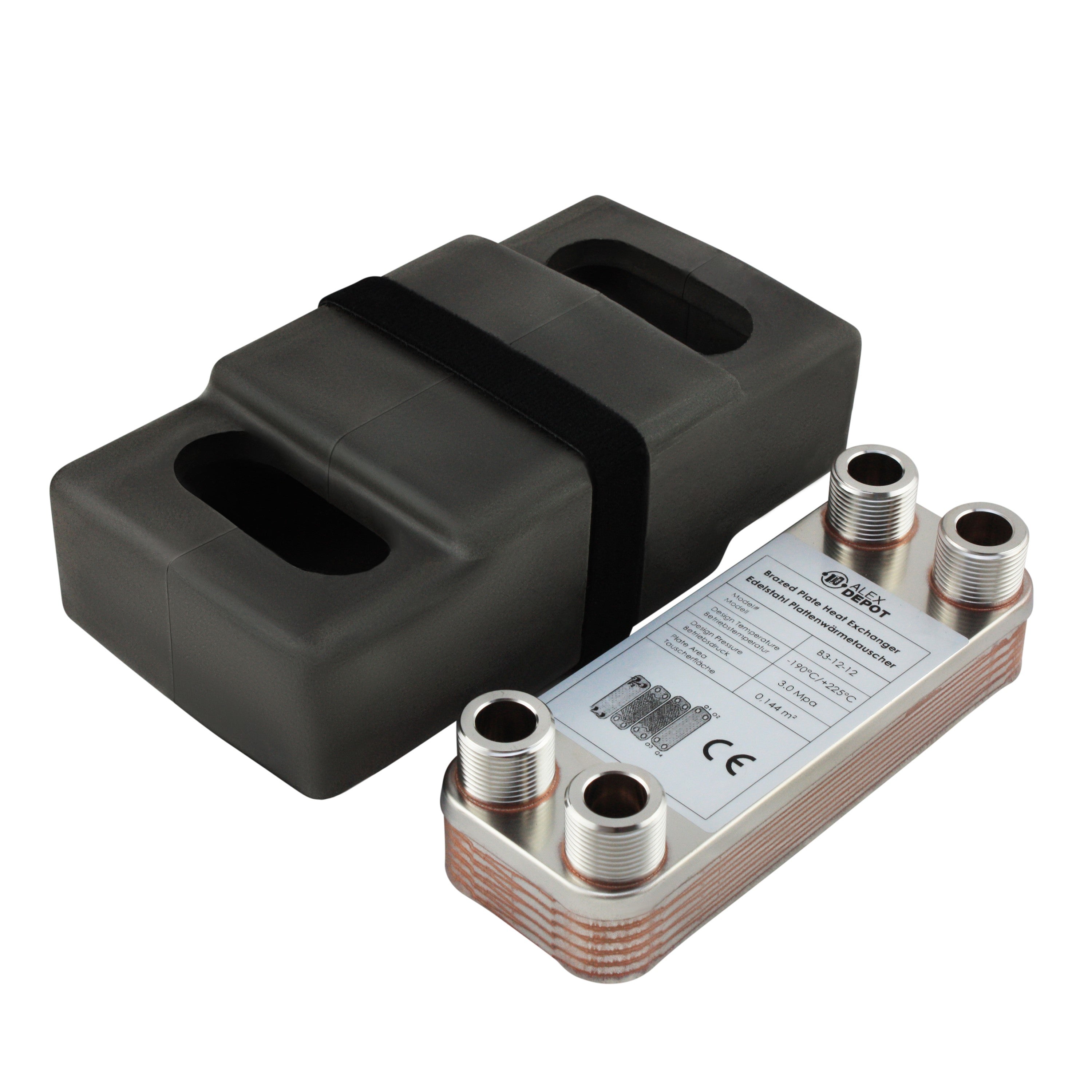 Edelstahl Plattenwärmetauscher B3-12-12 mit 4x ¾ Zoll Anschlüssen, 25 kW Leistung, mit PUR-Hartschaum Isolierschale – ideal für Heizung und Solar