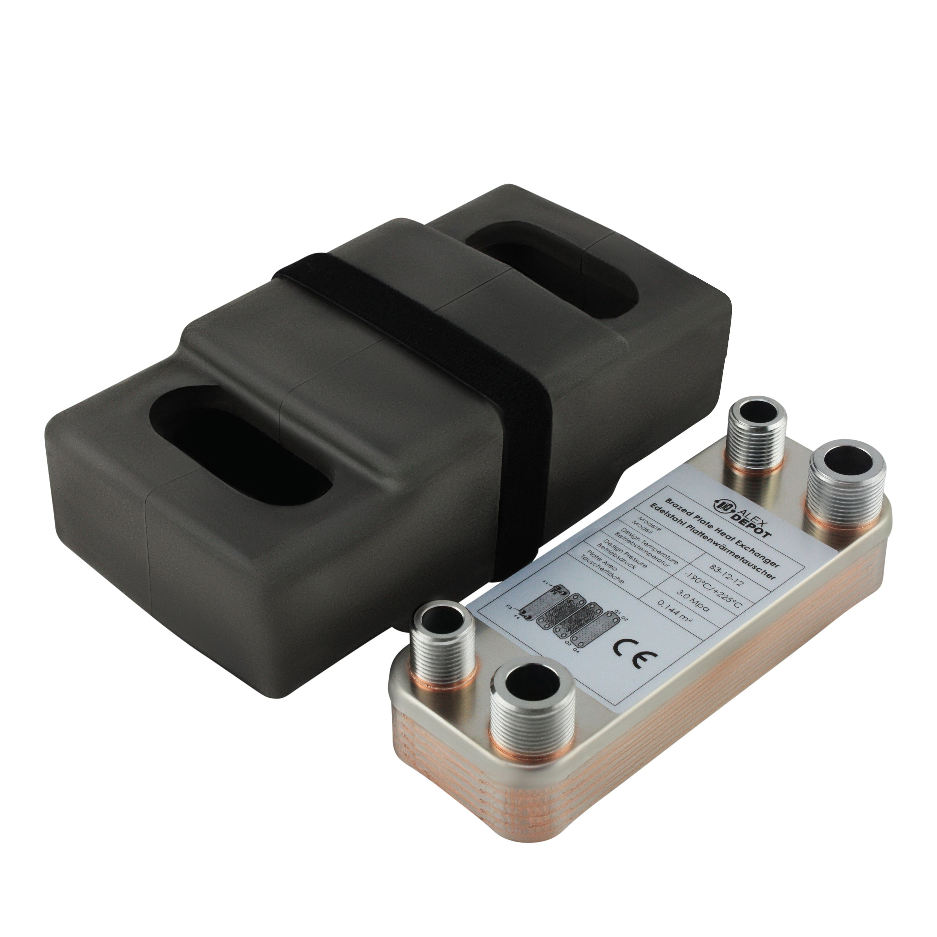 Edelstahl Plattenwärmetauscher B3-12-12 mit 2x ½-Zoll und 2x ¾ Zoll Anschlüssen, 25 kW Leistung, mit PUR-Hartschaum Isolierschale – ideal für Heizung und Solar