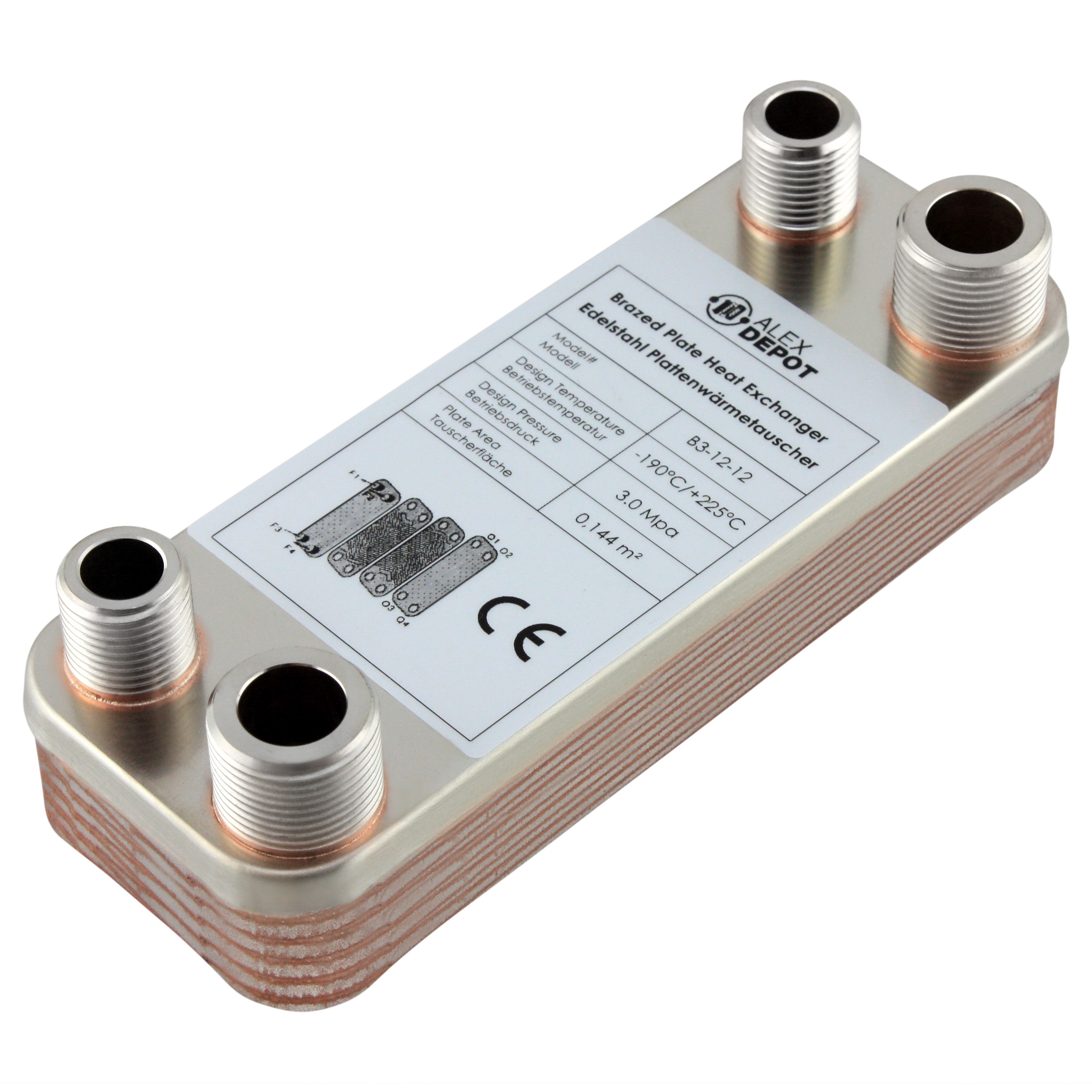 Edelstahl Plattenwärmetauscher B3-12-12 mit 2x ½-Zoll und 2x ¾ Zoll Anschlüssen, 25 kW Leistung – ideal für Heizung und Solar