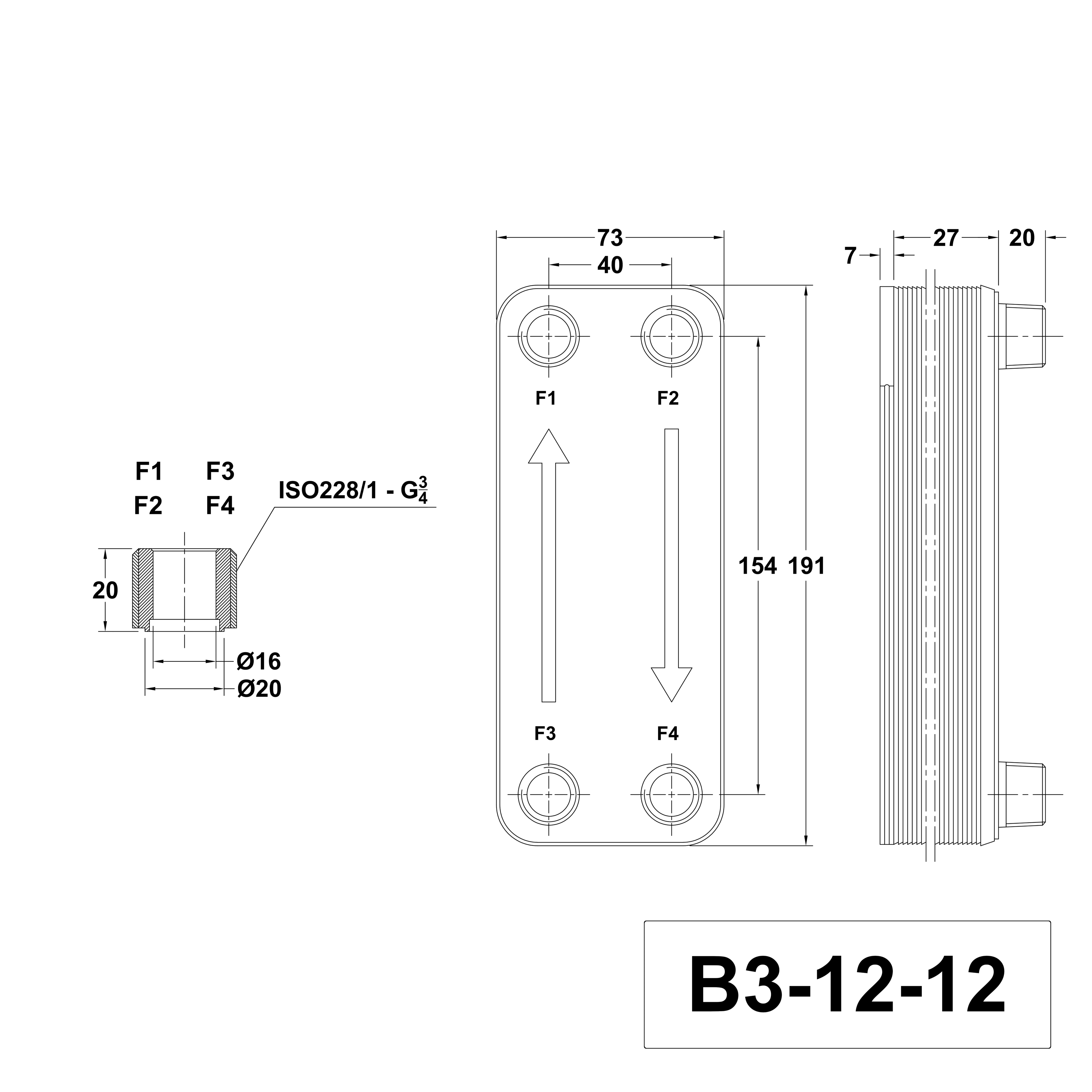 Technische Zeichnung des Plattenwärmetauschers B3-12-12 mit 4x 3/4 Zoll Anschlüssen aus Edelstahl von alex-depot