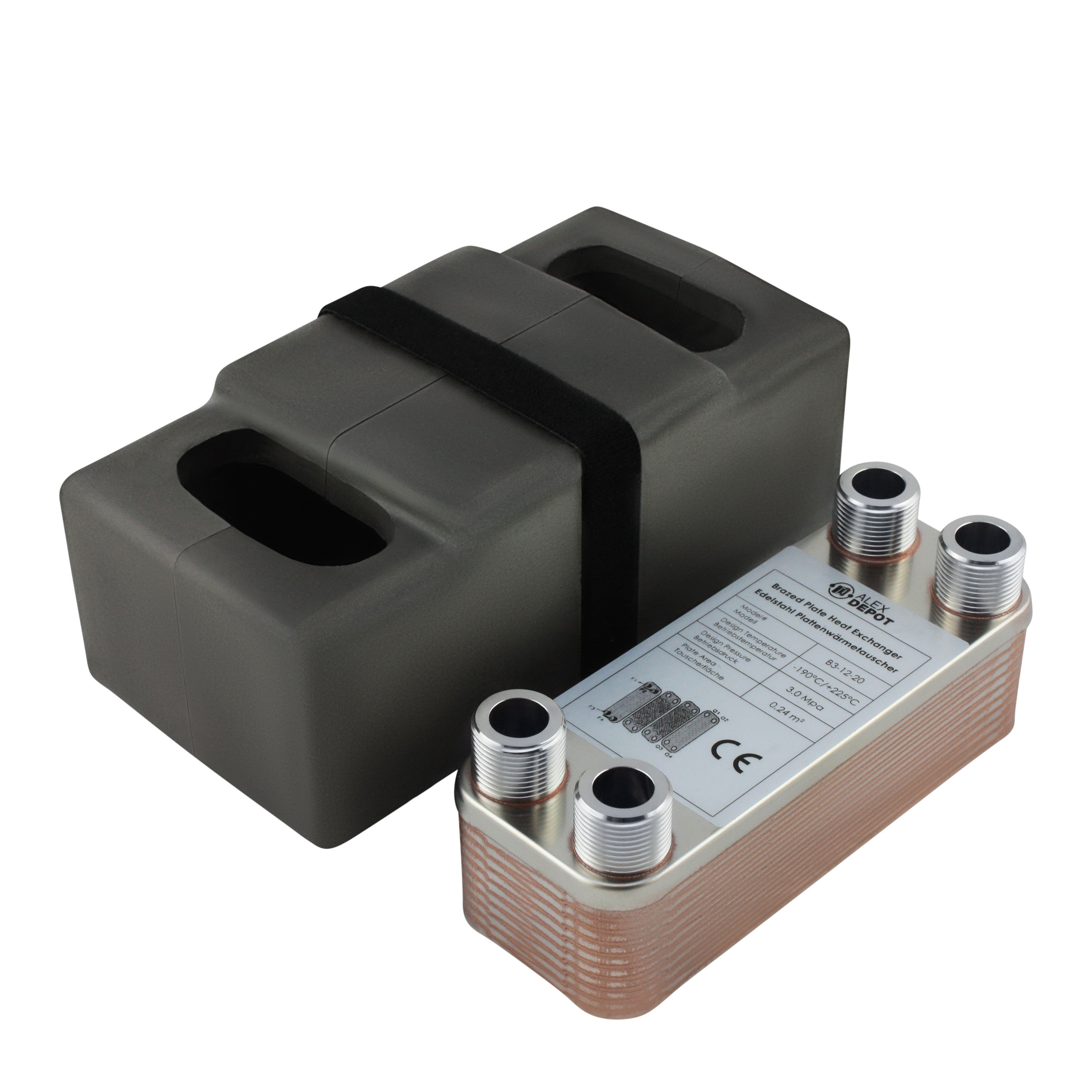 Edelstahl Plattenwärmetauscher B3-12-20 mit 4x ¾ Zoll Anschlüssen, 45 kW Leistung, mit PUR-Hartschaum Isolierschale – ideal für Heizung und Solar