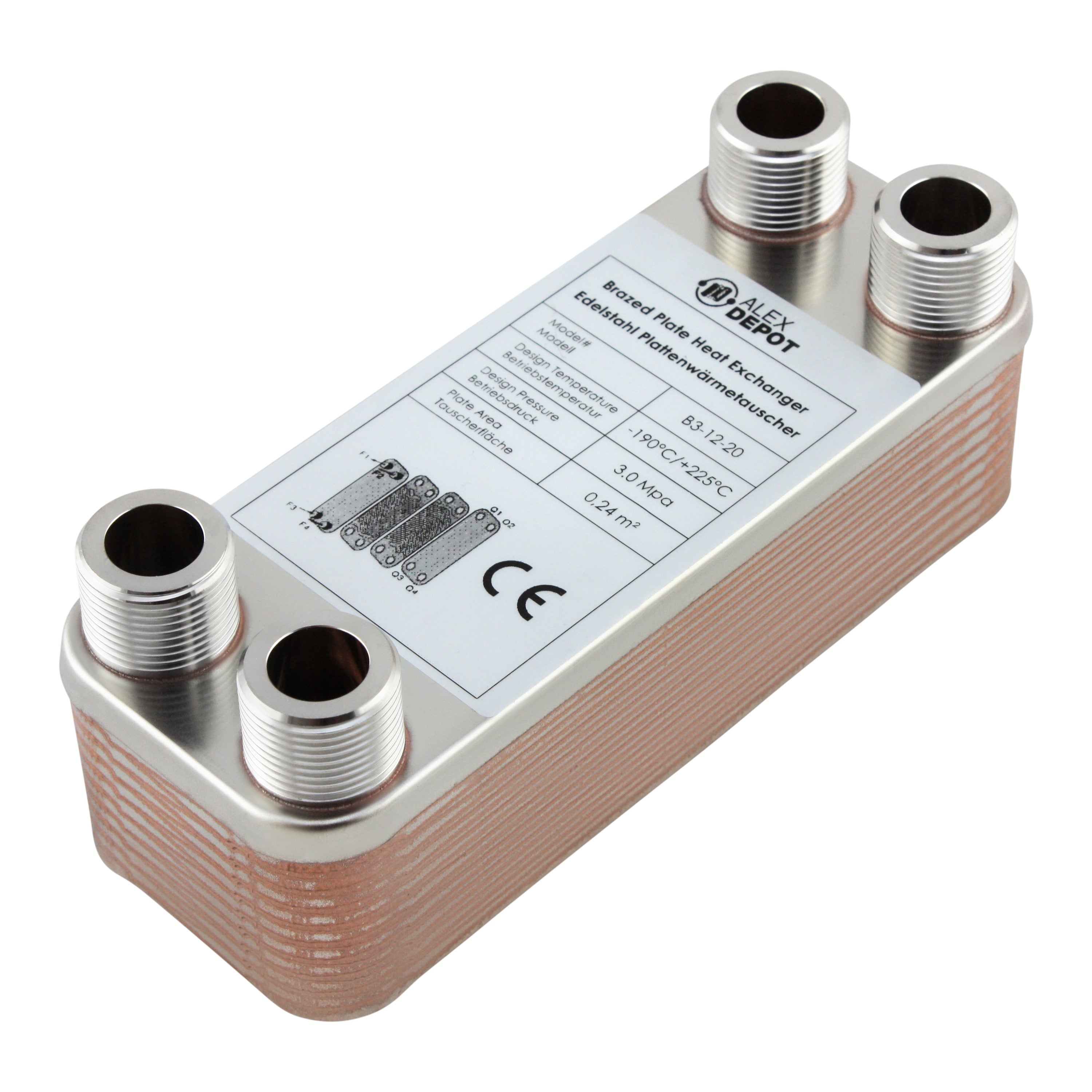 Edelstahl Plattenwärmetauscher B3-12-20 mit 4x ¾ Zoll Anschlüssen, 45 kW Leistung – ideal für Heizung und Solar