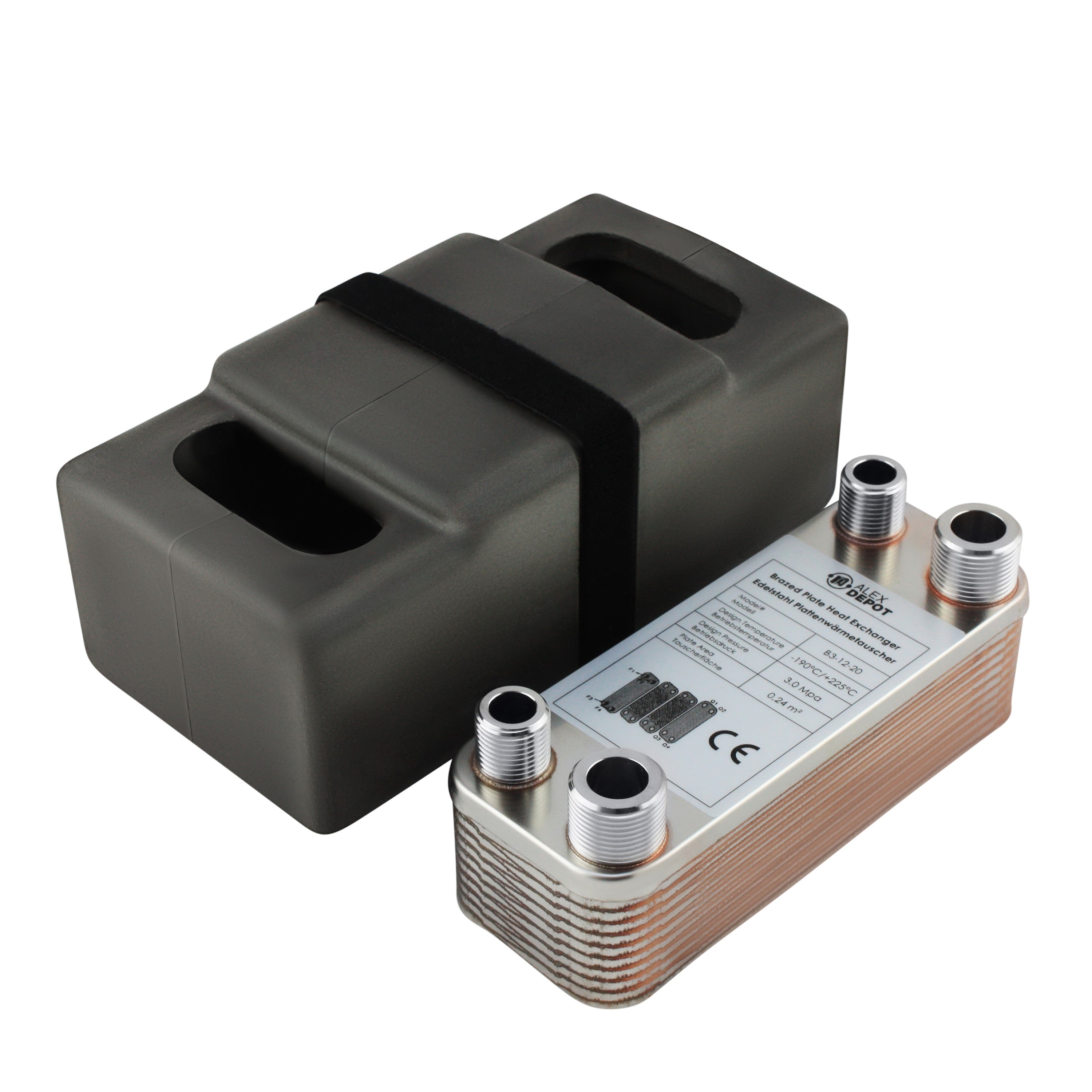 Edelstahl Plattenwärmetauscher B3-12-20 mit 2x ½-Zoll und 2x ¾ Zoll Anschlüssen, 45 kW Leistung, mit PUR-Hartschaum Isolierschale – ideal für Heizung und Solar