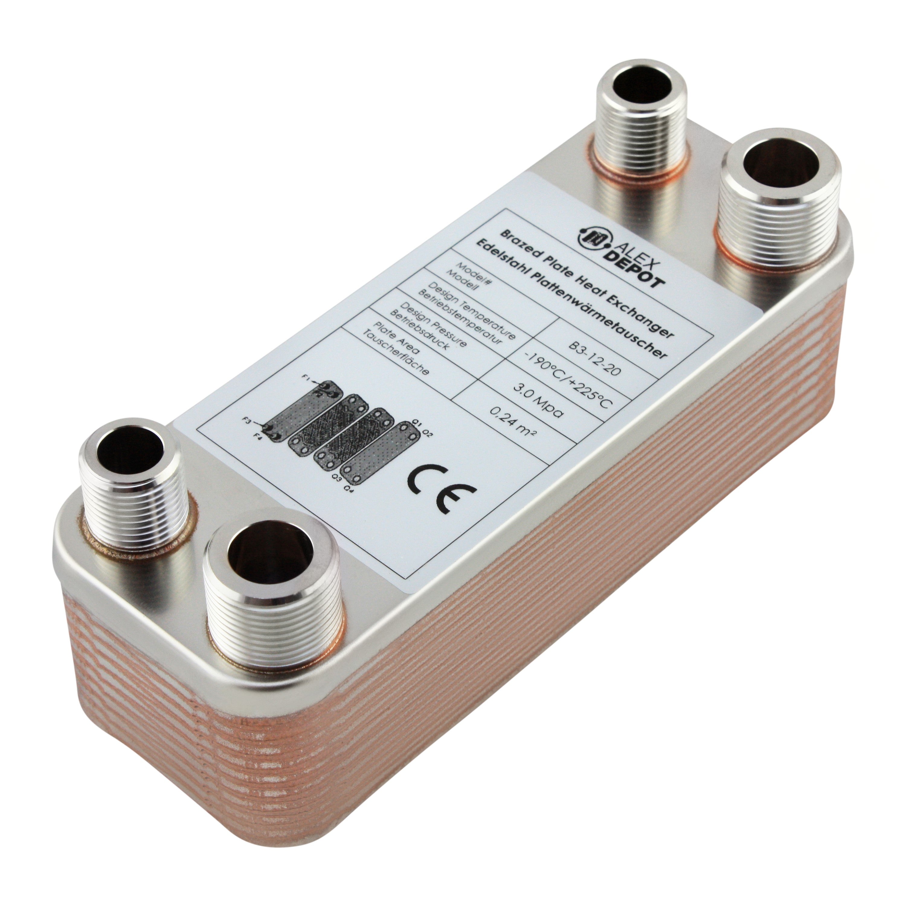 Edelstahl Plattenwärmetauscher B3-12-20 mit 2x ½-Zoll und 2x ¾ Zoll Anschlüssen, 45 kW Leistung – ideal für Heizung und Solar