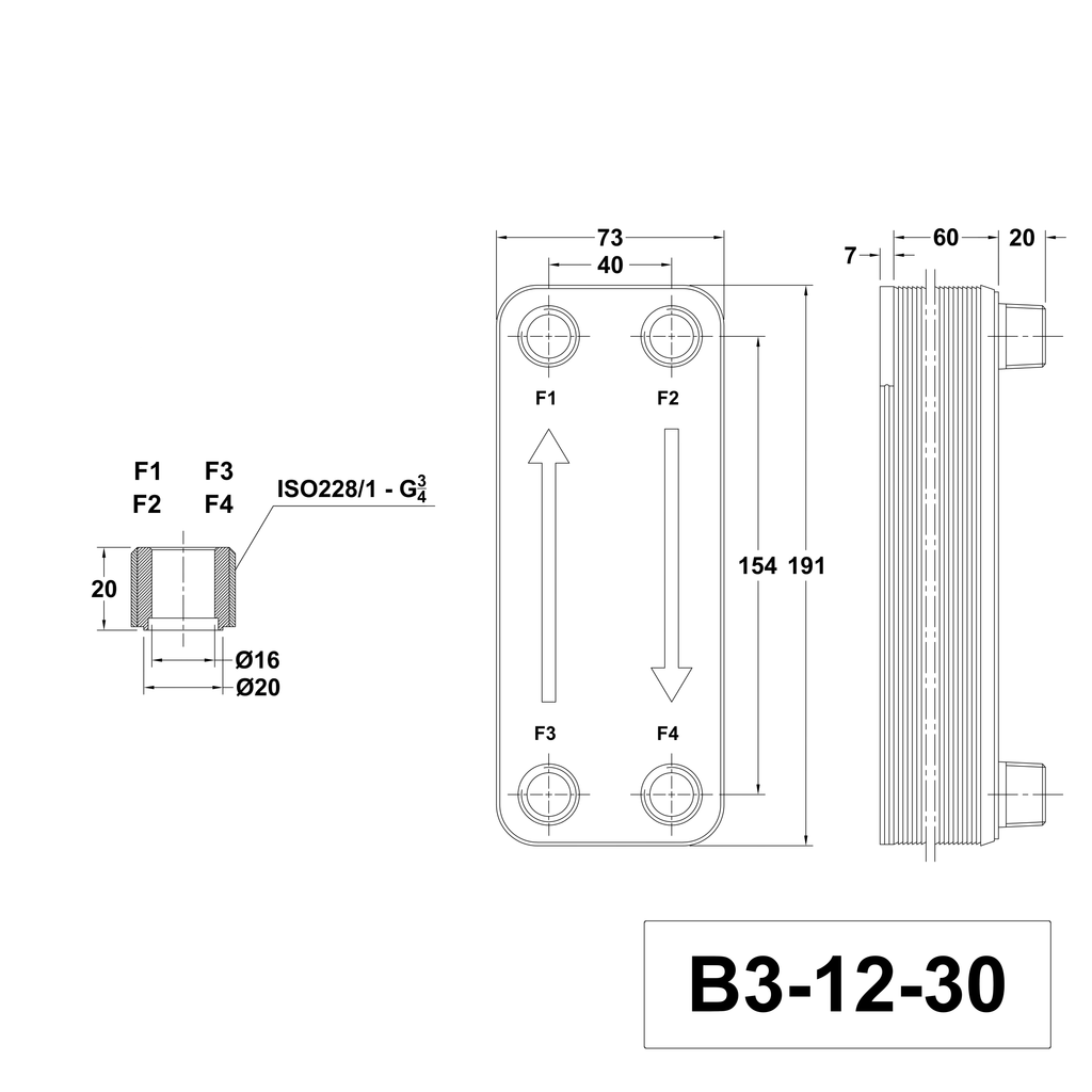 Technische Zeichnung des Plattenwärmetauschers B3-12-30 mit 4x 3/4 Zoll Anschlüssen aus Edelstahl von alex-depot