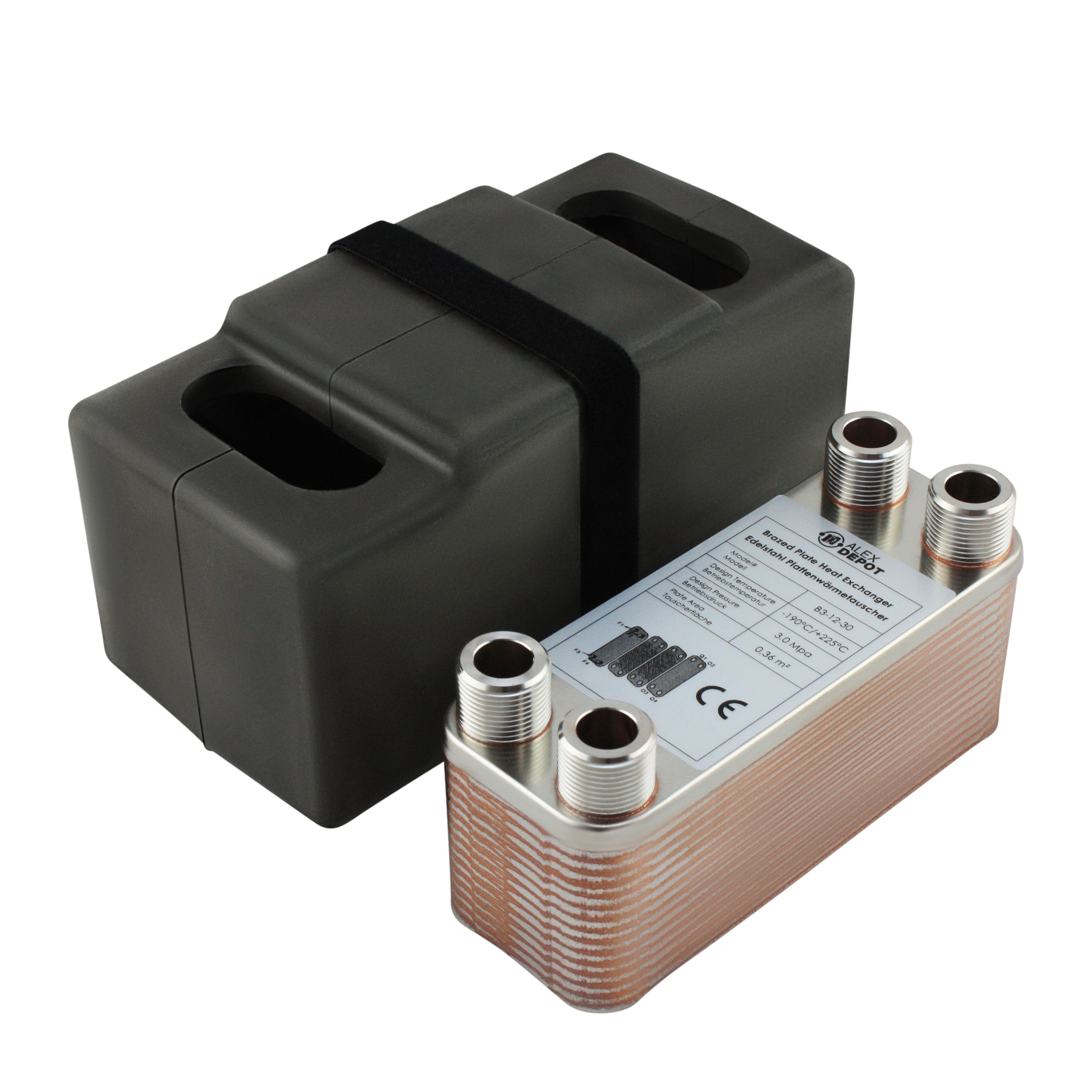 Edelstahl Plattenwärmetauscher B3-12-30 mit 4x ¾ Zoll Anschlüssen, 65 kW Leistung, mit PUR-Hartschaum Isolierschale – ideal für Heizung und Solar