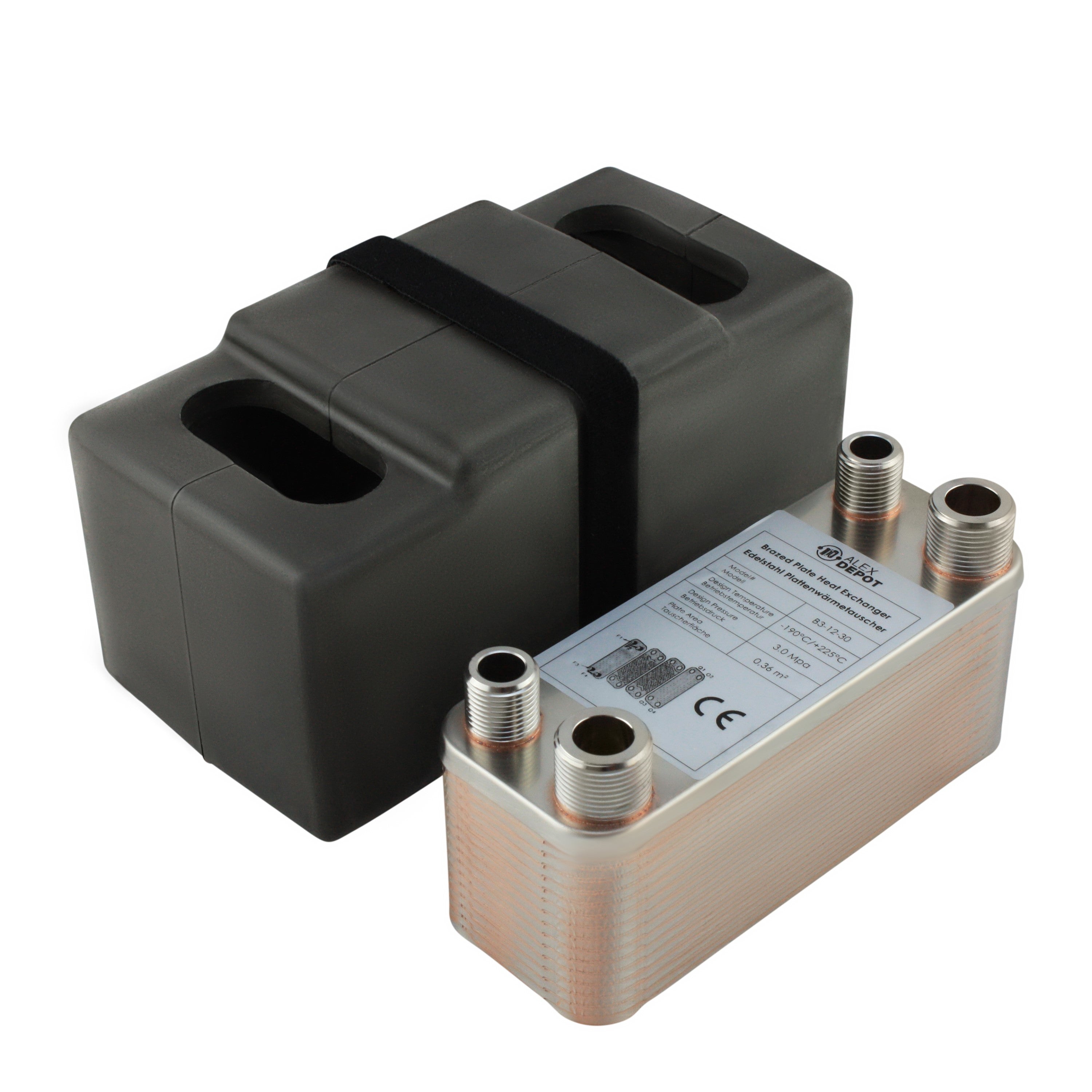 Edelstahl Plattenwärmetauscher B3-12-30 mit 2x ½-Zoll und 2x ¾ Zoll Anschlüssen, 65 kW Leistung, mit PUR-Hartschaum Isolierschale – ideal für Heizung und Solar