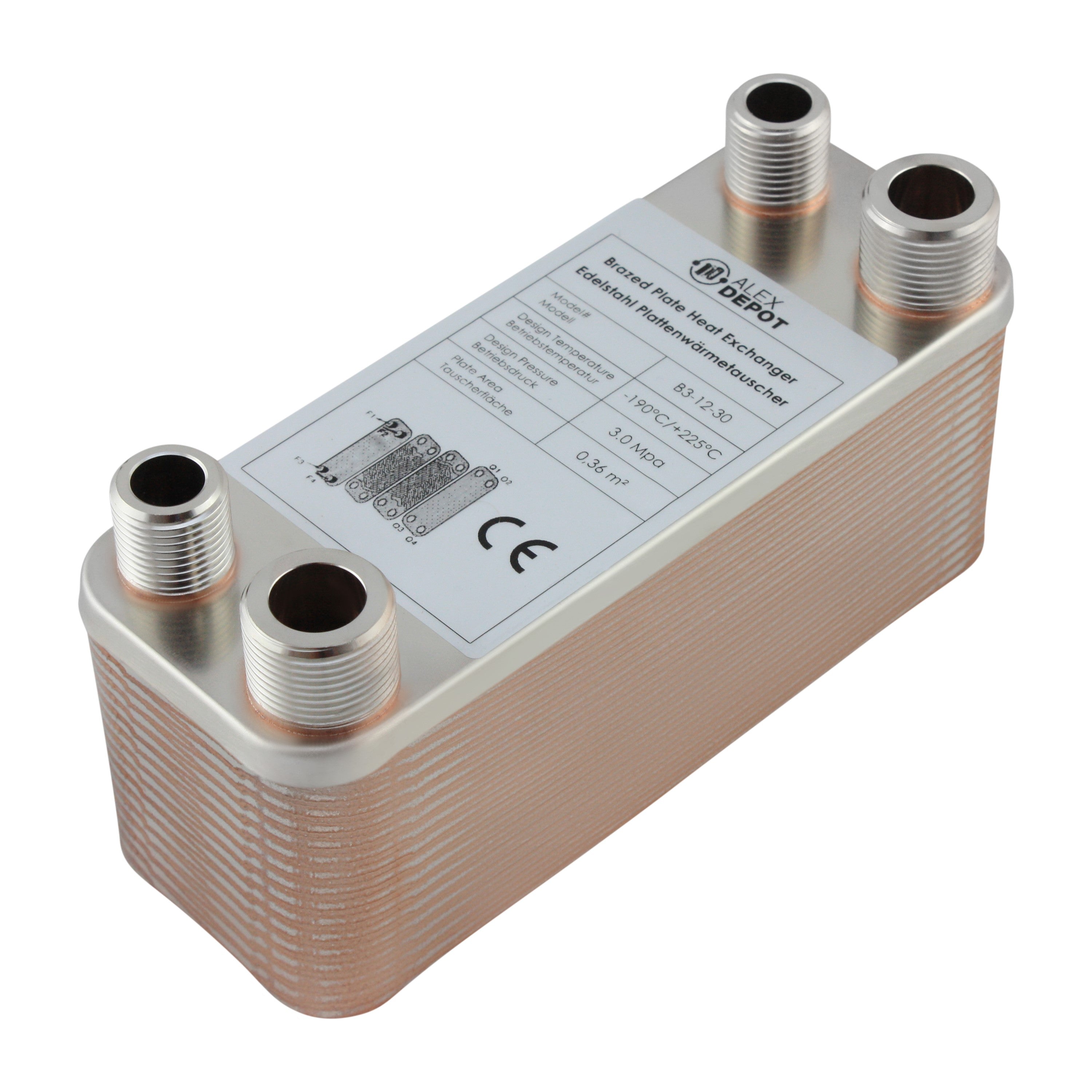 Edelstahl Plattenwärmetauscher B3-12-30 mit 2x ½-Zoll und 2x ¾ Zoll Anschlüssen, 65 kW Leistung – ideal für Heizung und Solar