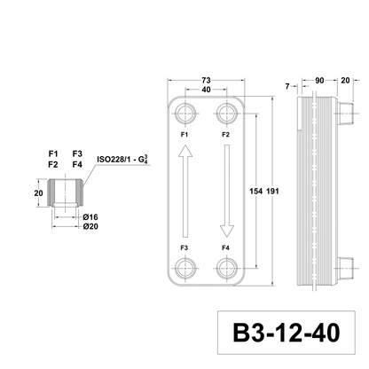 Technische Zeichnung des Plattenwärmetauschers B3-12-40 mit 4x 3/4 Zoll Anschlüssen aus Edelstahl von alex-depot