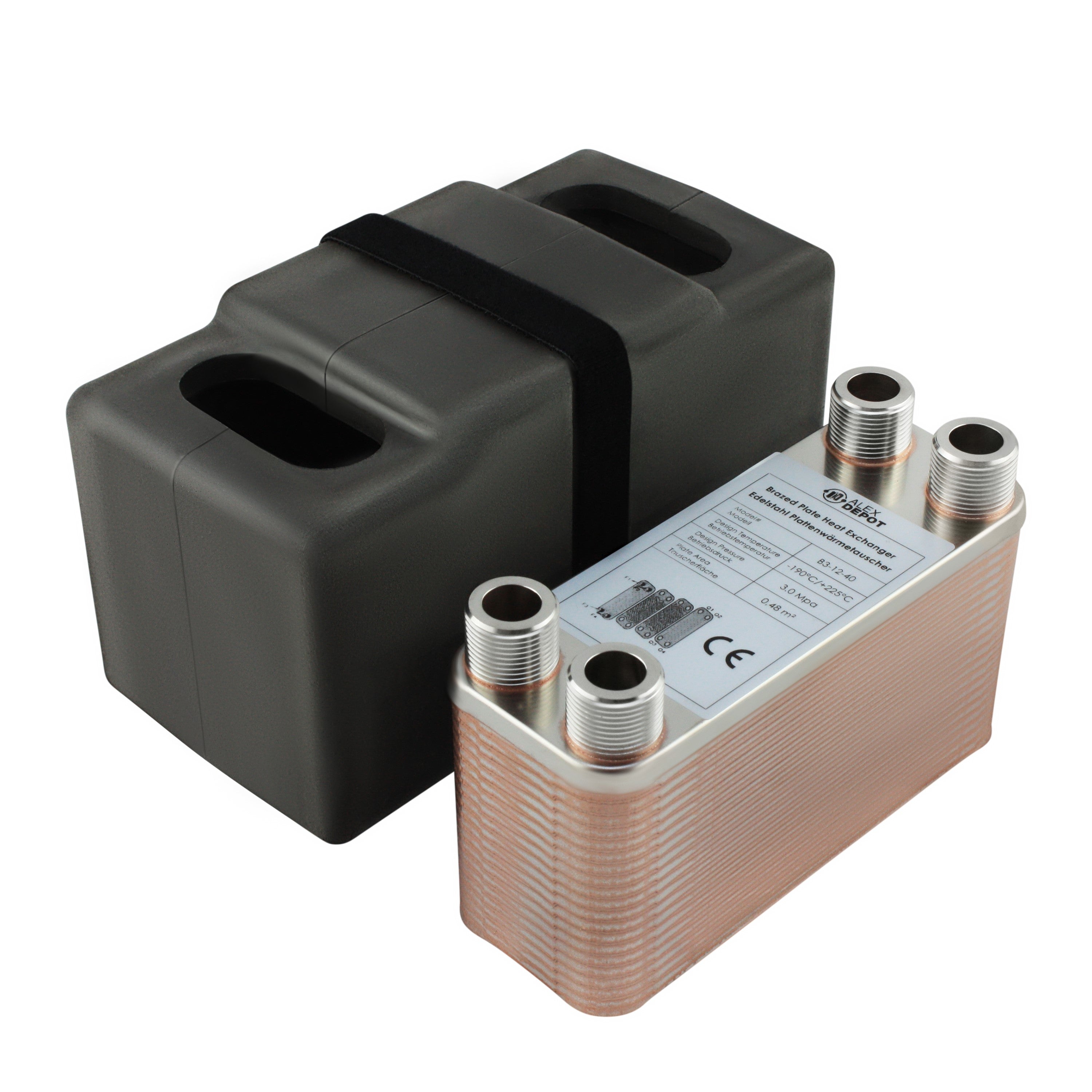 Edelstahl Plattenwärmetauscher B3-12-40 mit 4x ¾ Zoll Anschlüssen, 80 kW Leistung, mit PUR-Hartschaum Isolierschale – ideal für Heizung und Solar