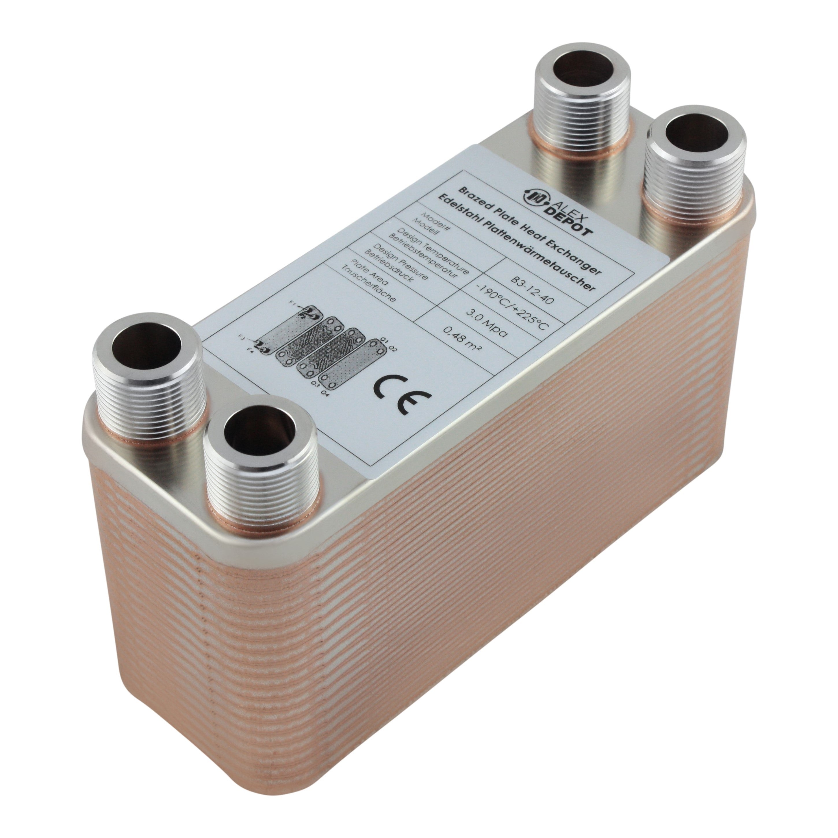 Edelstahl Plattenwärmetauscher B3-12-40 mit 4x ¾ Zoll Anschlüssen, 80 kW Leistung – ideal für Heizung und Solar