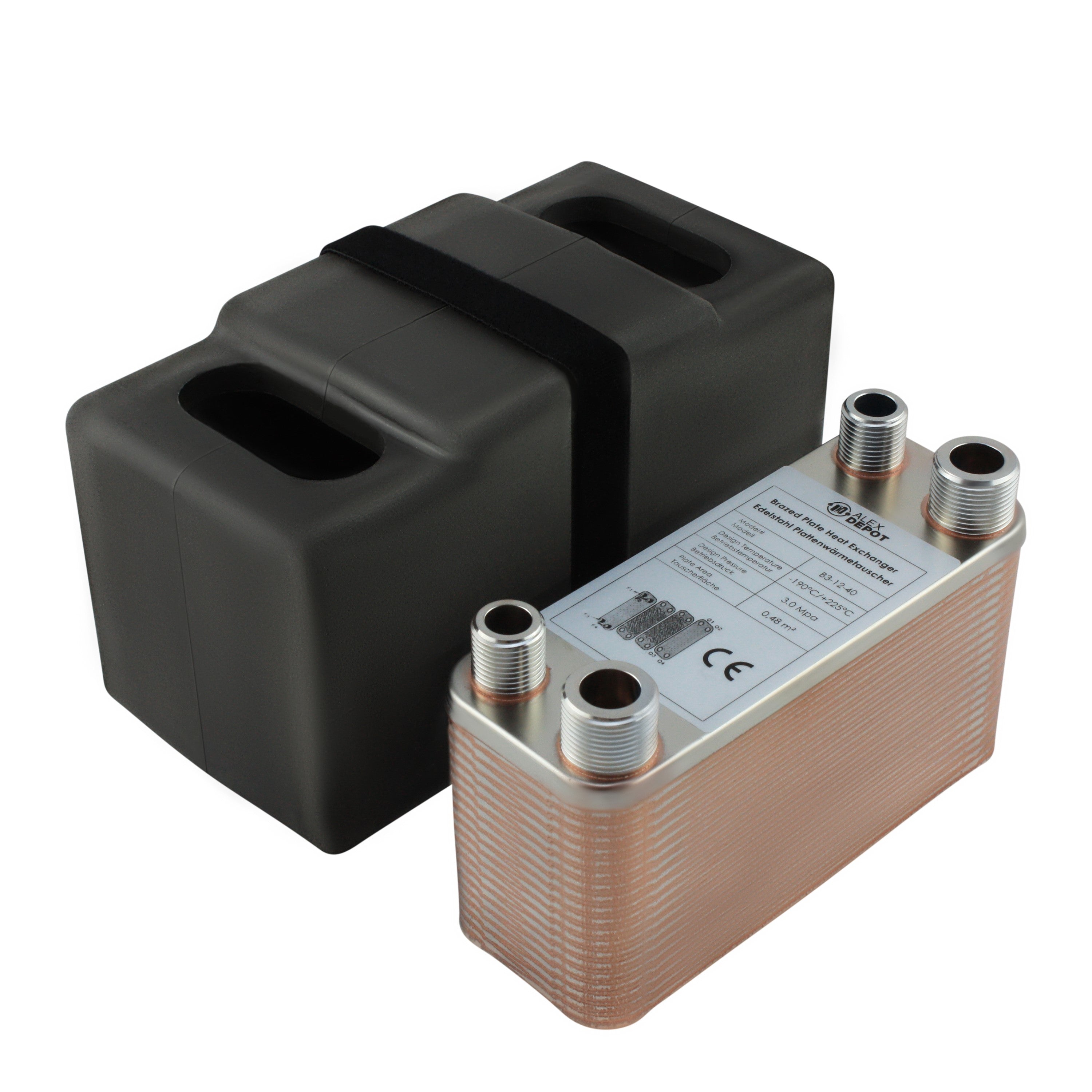 Edelstahl Plattenwärmetauscher B3-12-40 mit 2x ½-Zoll und 2x ¾ Zoll Anschlüssen, 80 kW Leistung, mit PUR-Hartschaum Isolierschale – ideal für Heizung und Solar