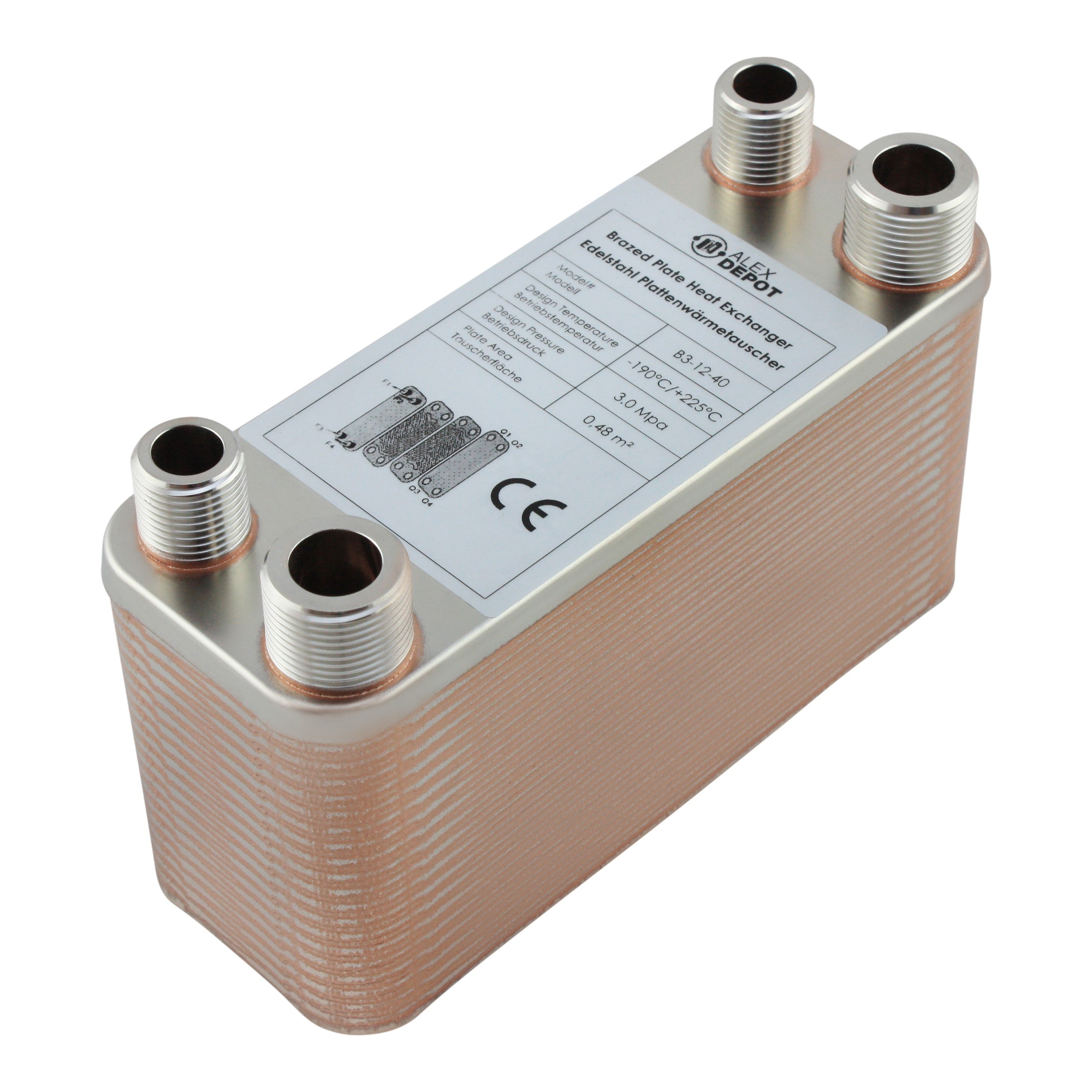 Edelstahl Plattenwärmetauscher B3-12-40 mit 2x ½-Zoll und 2x ¾ Zoll Anschlüssen, 80 kW Leistung – ideal für Heizung und Solar