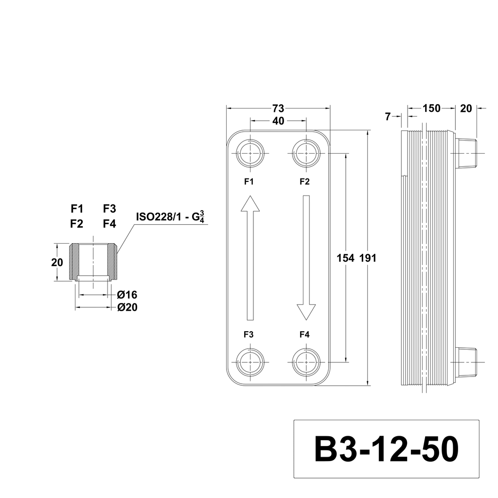 Technische Zeichnung des Plattenwärmetauschers B3-12-50 mit 4x 3/4 Zoll Anschlüssen aus Edelstahl von alex-depot
