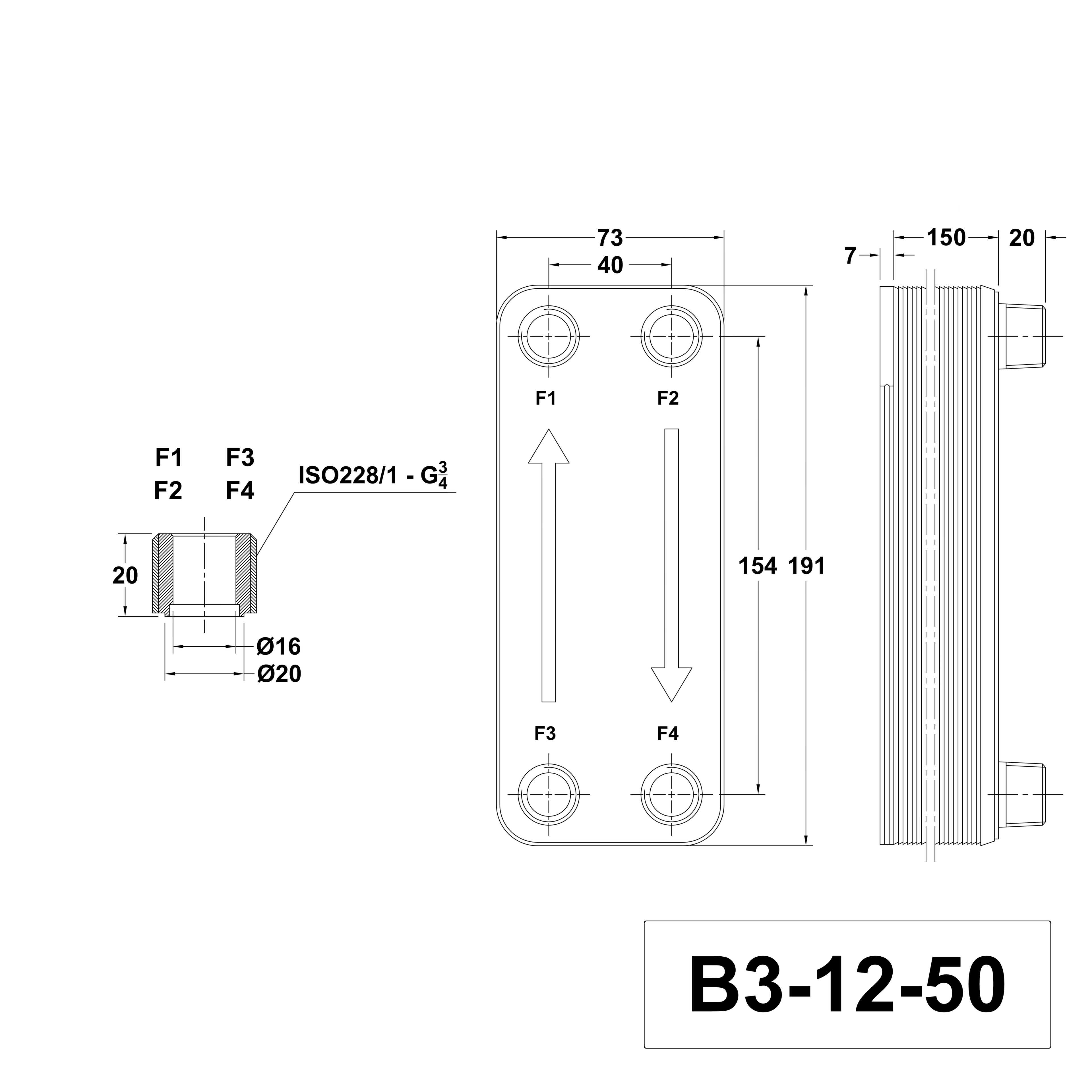 Technische Zeichnung des Plattenwärmetauschers B3-12-50 mit 4x 3/4 Zoll Anschlüssen aus Edelstahl von alex-depot