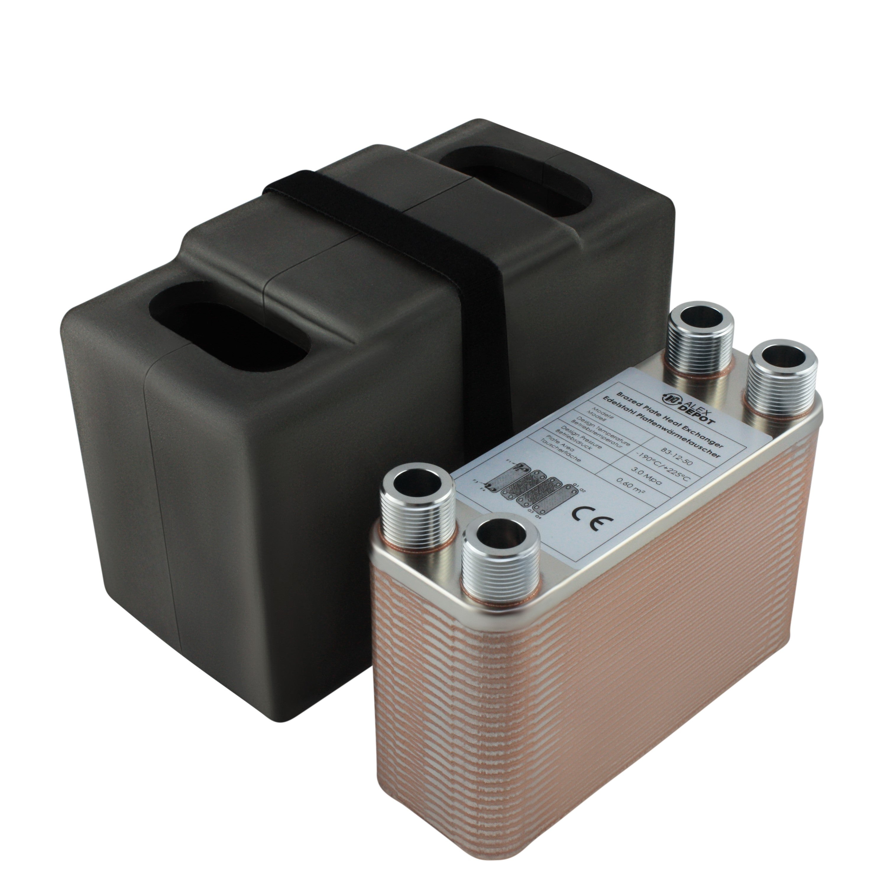 Edelstahl Plattenwärmetauscher B3-12-50 mit 4x ¾ Zoll Anschlüssen, 90 kW Leistung, mit PUR-Hartschaum Isolierschale – ideal für Heizung und Solar