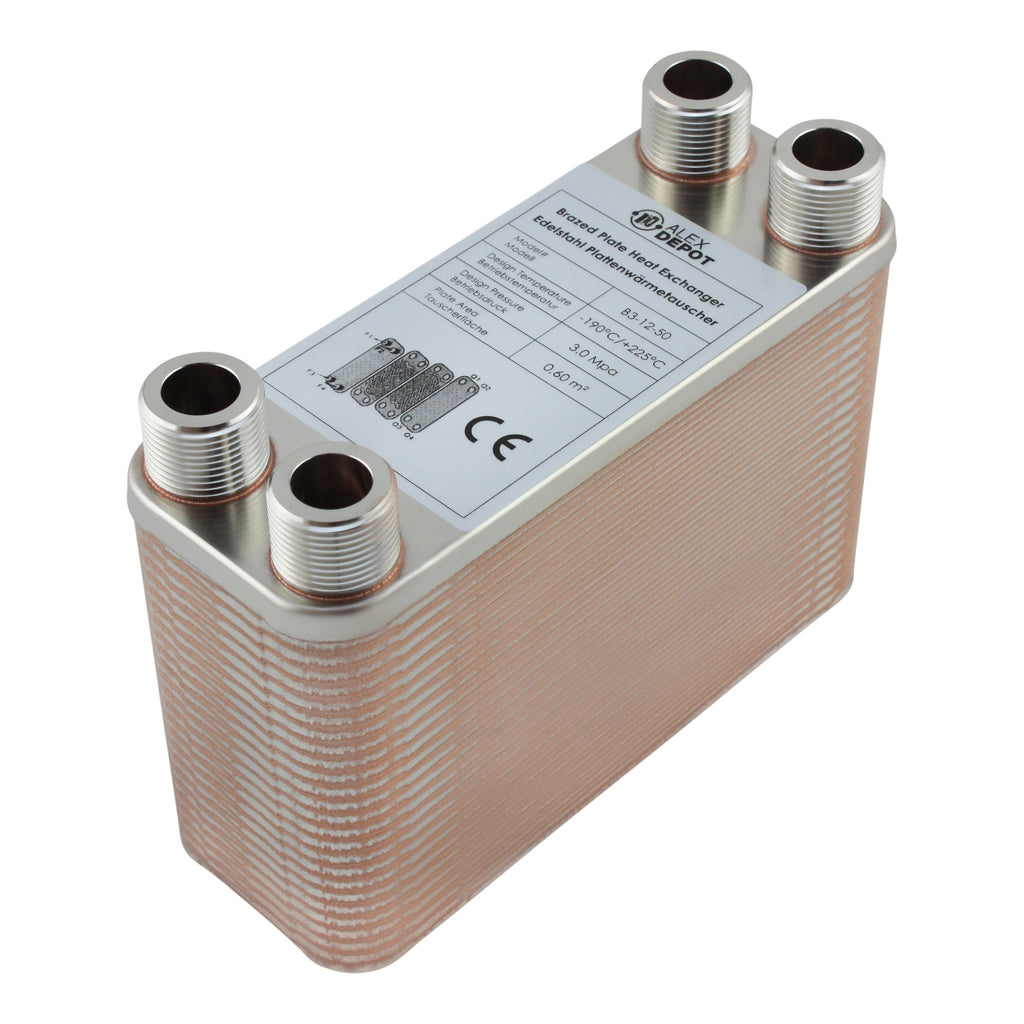 Edelstahl Plattenwärmetauscher B3-12-50 mit 4x ¾ Zoll Anschlüssen, 90 kW Leistung – ideal für Heizung und Solar