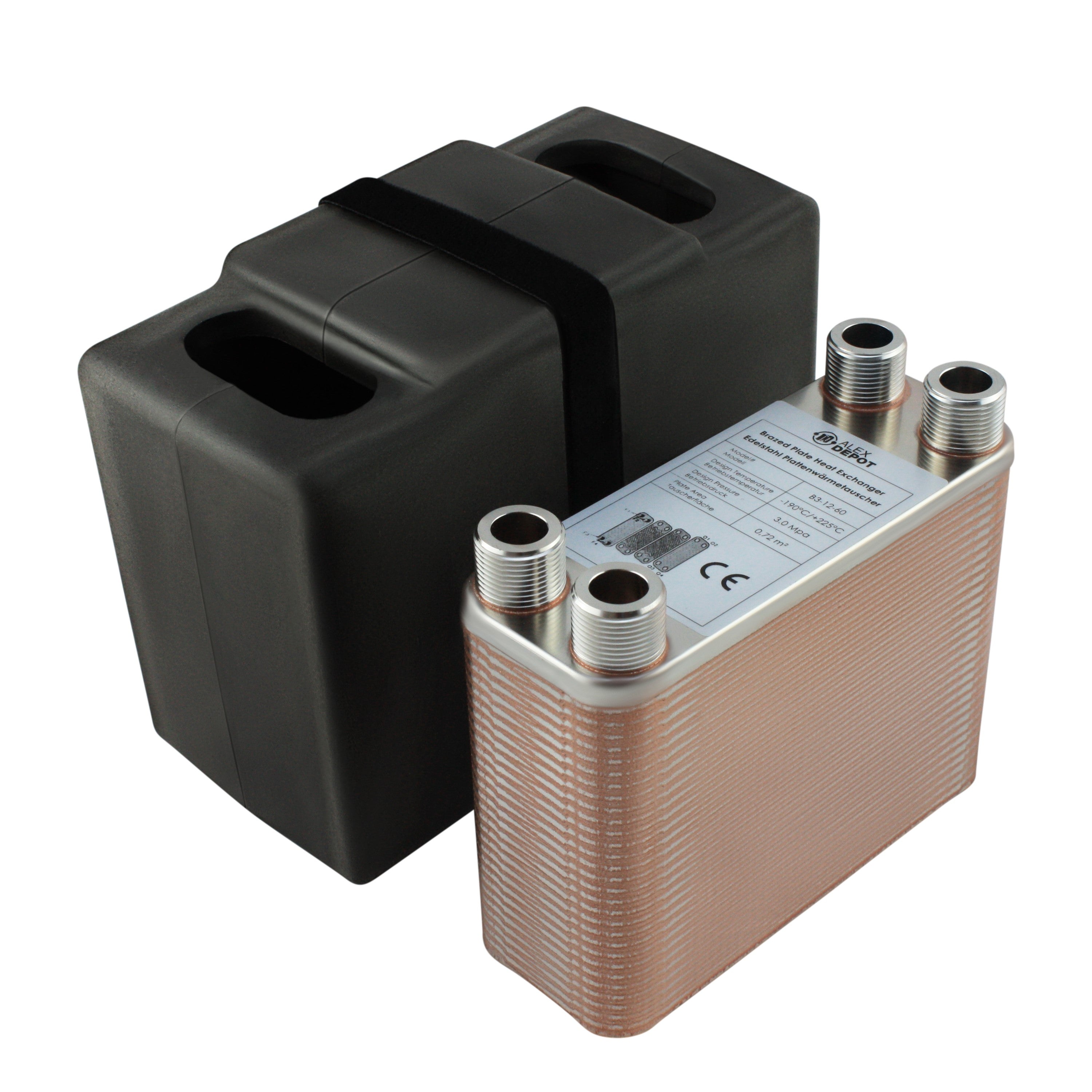 Edelstahl Plattenwärmetauscher B3-12-60 mit 4x ¾ Zoll Anschlüssen, 130 kW Leistung, mit PUR-Hartschaum Isolierschale – ideal für Heizung und Solar