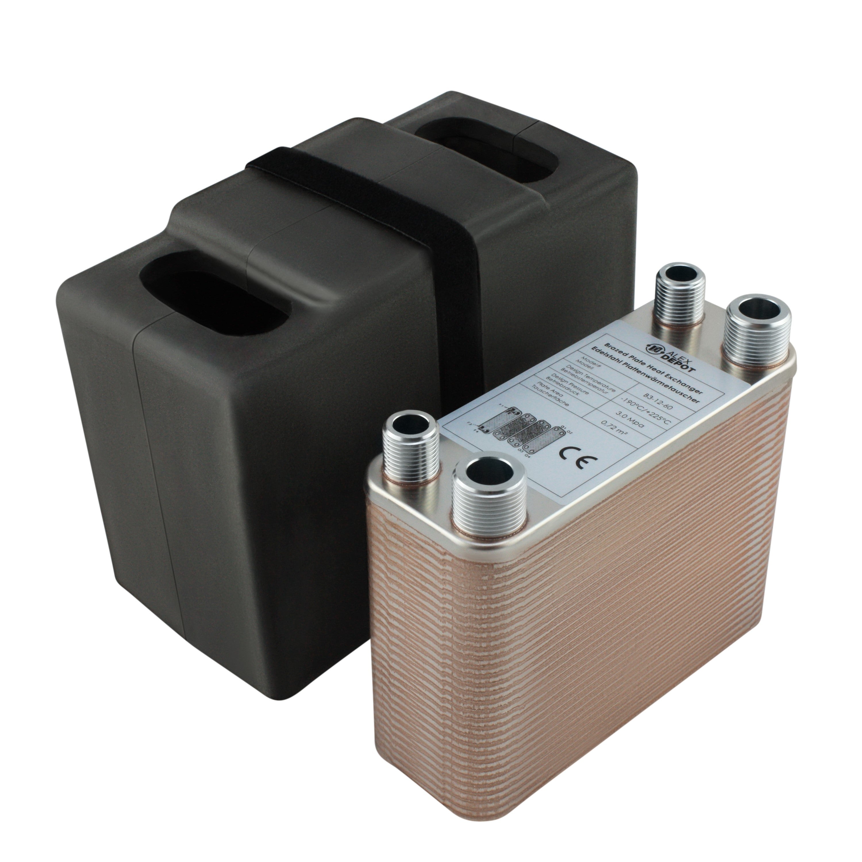 Edelstahl Plattenwärmetauscher B3-12-60 mit 2x ½-Zoll und 2x ¾ Zoll Anschlüssen, 130 kW Leistung, mit PUR-Hartschaum Isolierschale – ideal für Heizung und Solar