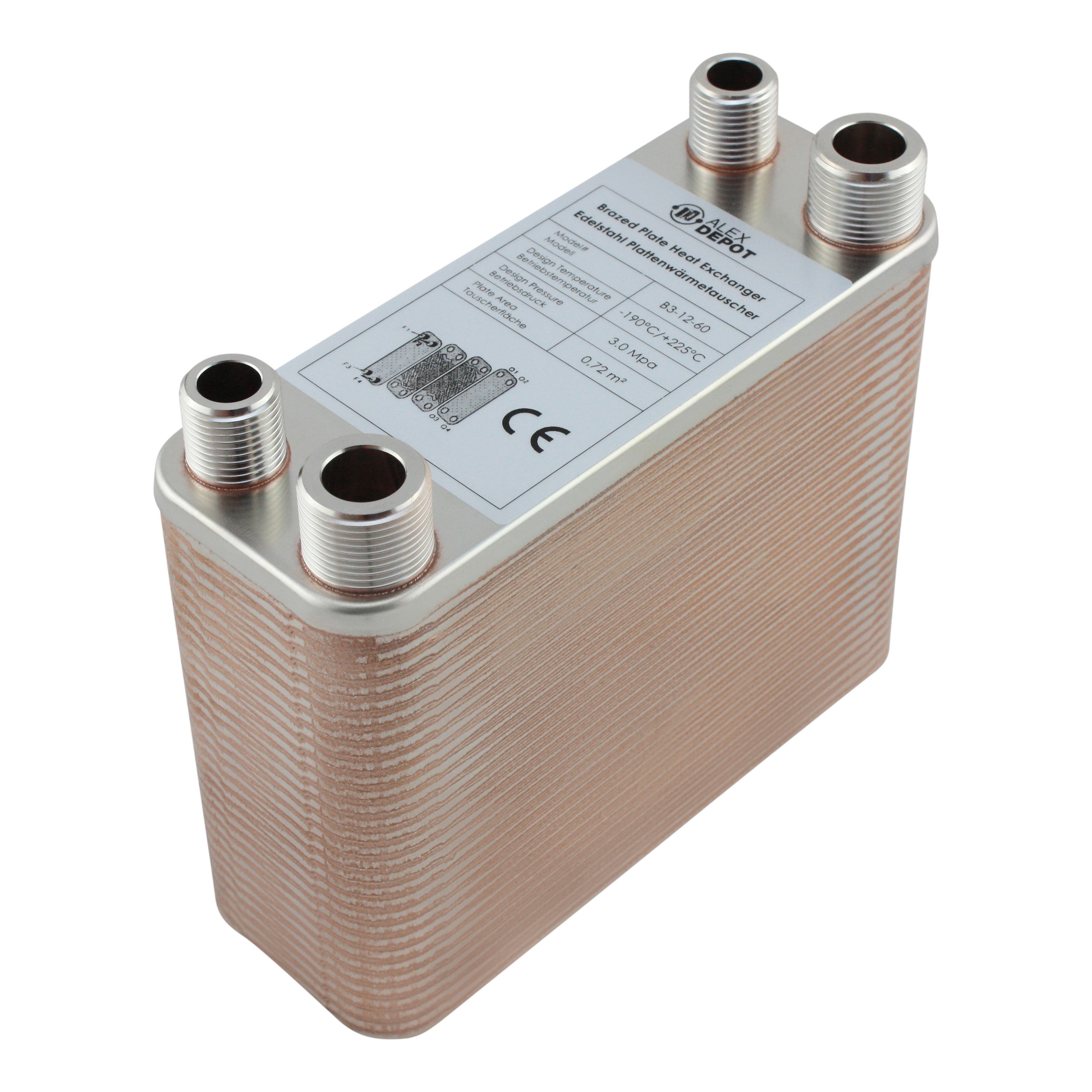 Edelstahl Plattenwärmetauscher B3-12-60 mit 2x ½-Zoll und 2x ¾ Zoll Anschlüssen, 130 kW Leistung – ideal für Heizung und Solar