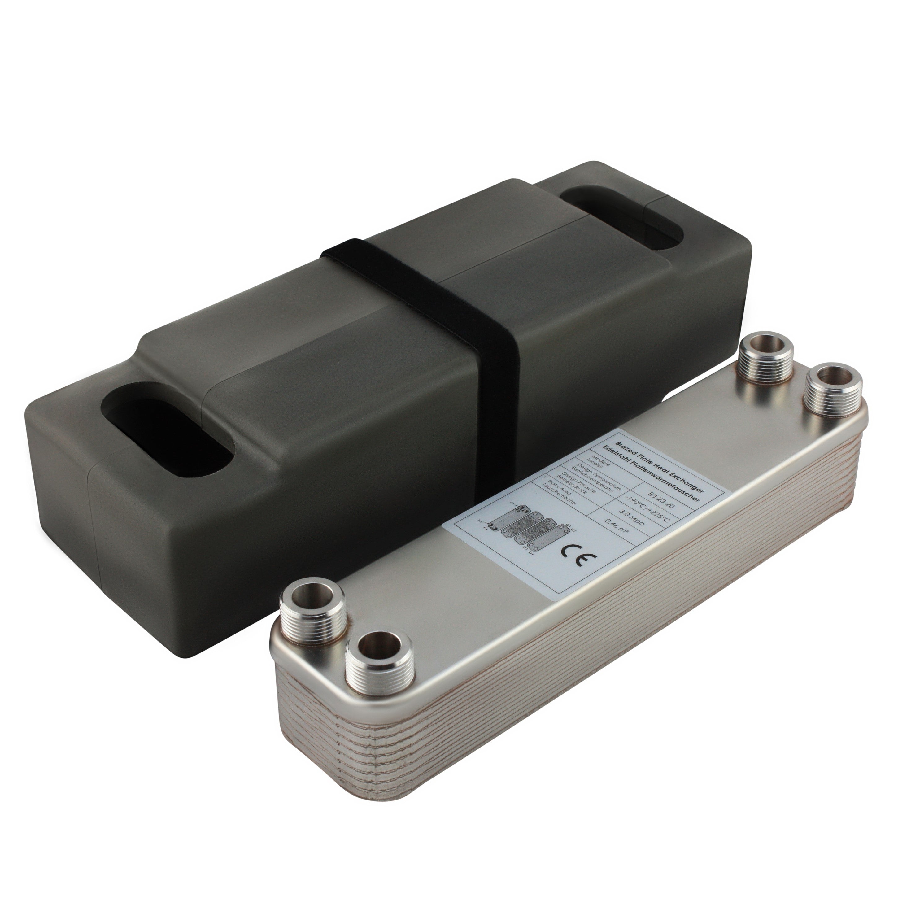 Edelstahl Plattenwärmetauscher B3-23-20 mit 4x ¾ Zoll Anschlüssen, 90 kW Leistung, mit PUR-Hartschaum Isolierschale – ideal für Heizung und Solar