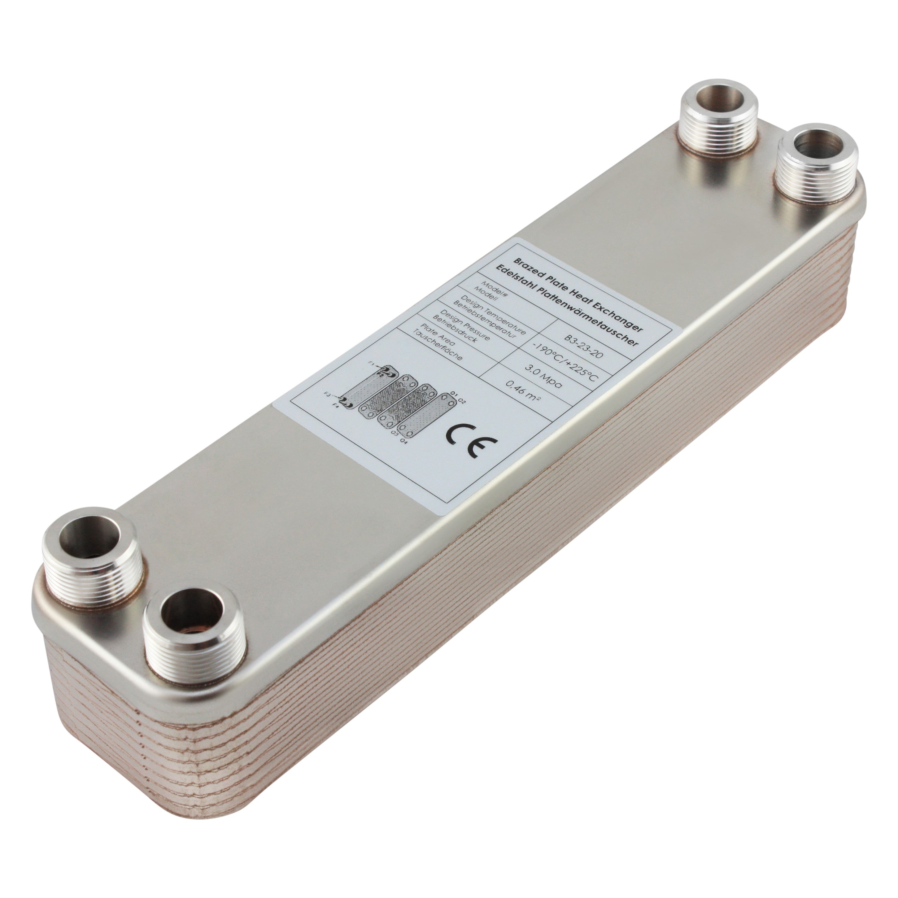 Edelstahl Plattenwärmetauscher B3-23-20 mit 4x ¾ Zoll Anschlüssen, 90 kW Leistung – ideal für Heizung und Solar